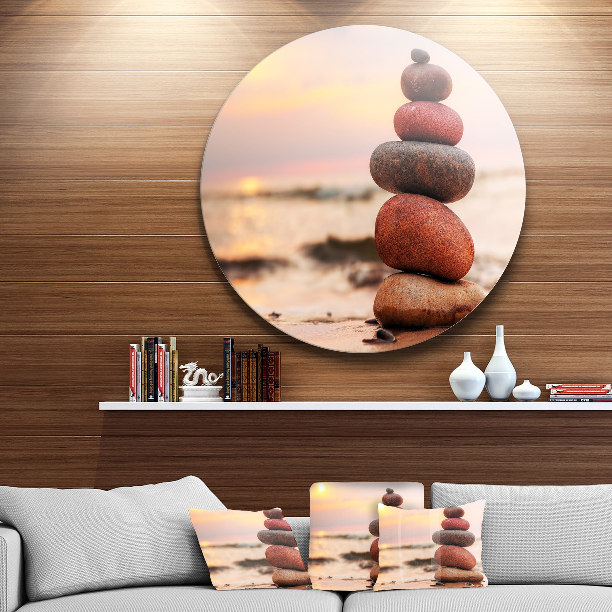 Stones Pyramid on Sand Symbolizing Zen' Landscape Metal Circle Wall Art