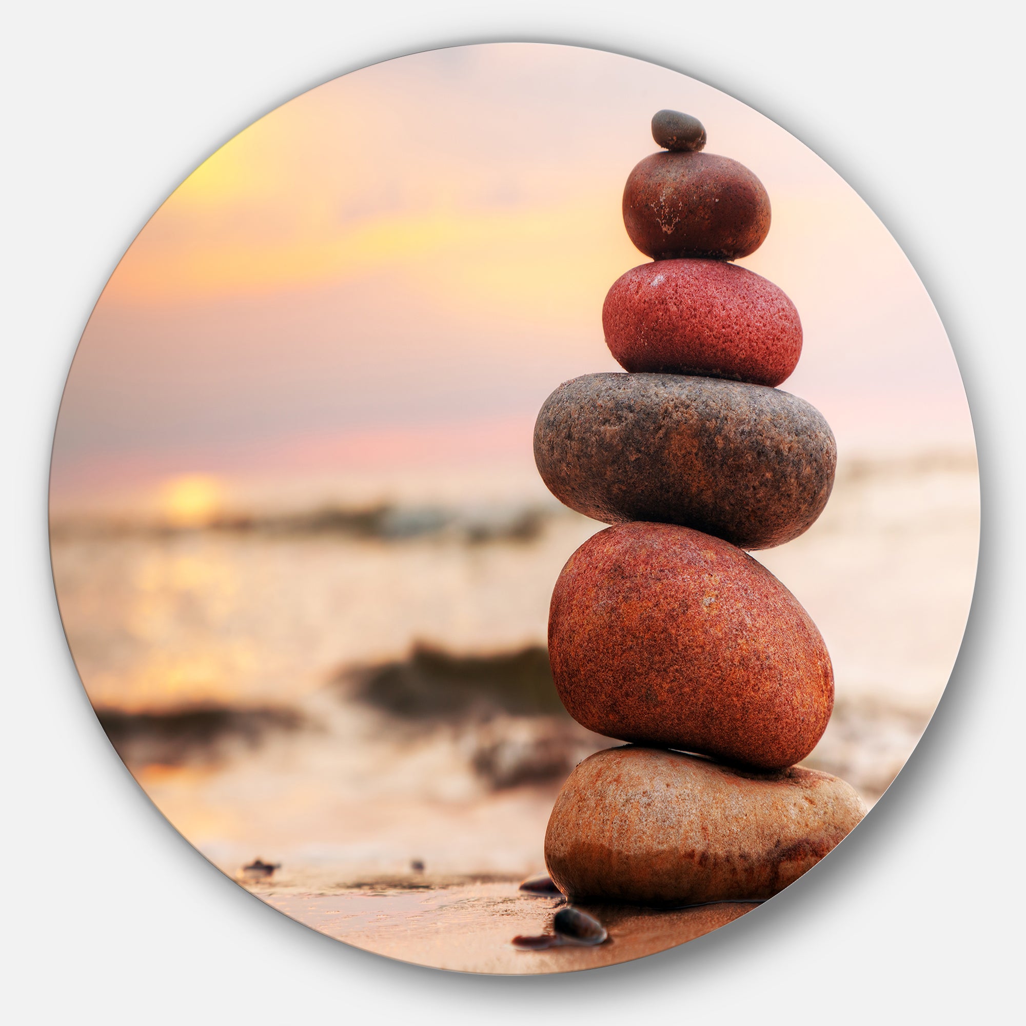 Stones Pyramid on Sand Symbolizing Zen' Landscape Metal Circle Wall Art