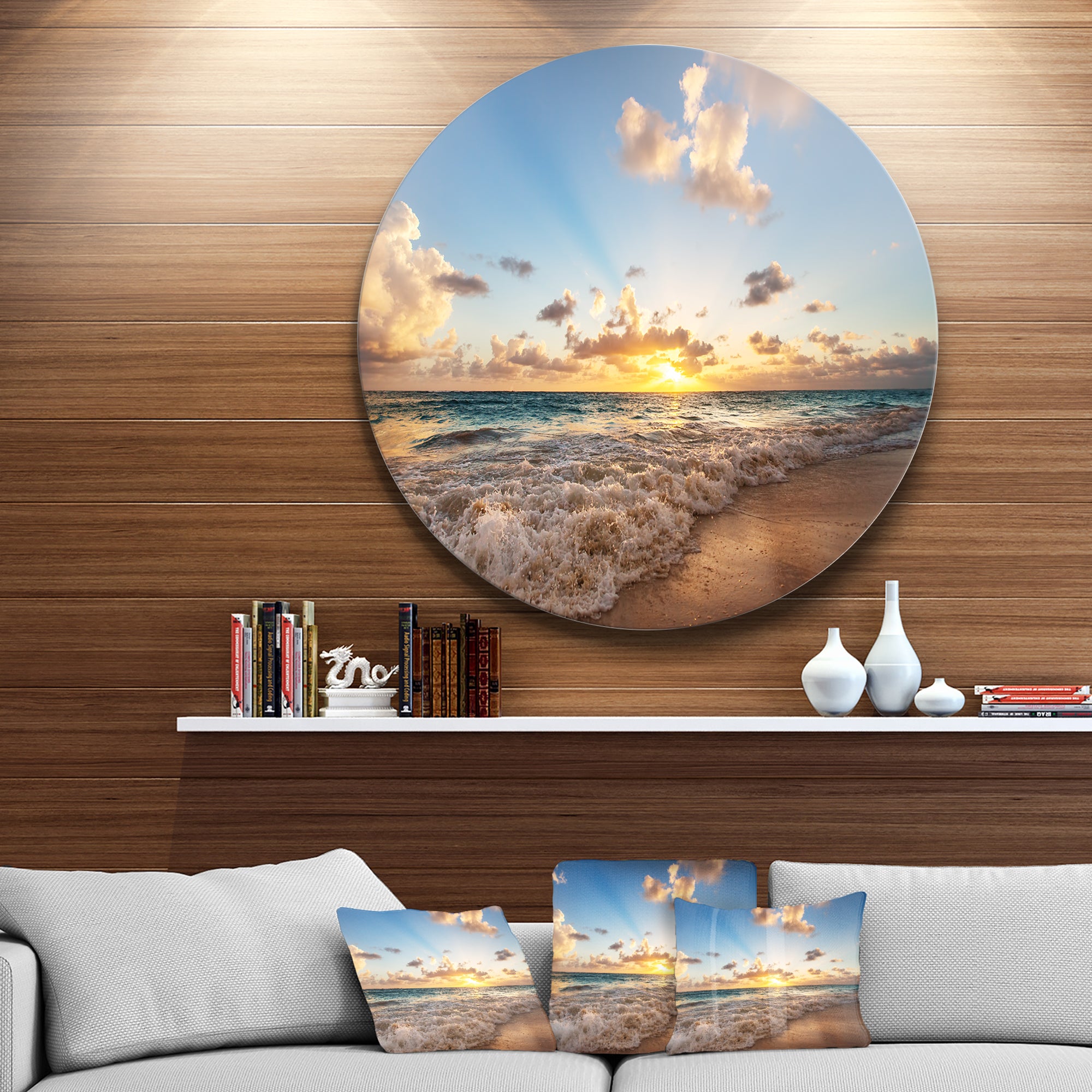 Sunrise on Beach of Caribbean Sea' Large Seashore Metal Circle Wall Art