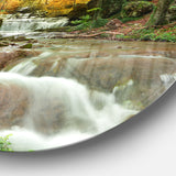 Forest Waterfall with Yellow Trees' Large Landscape Metal Circle Wall Art