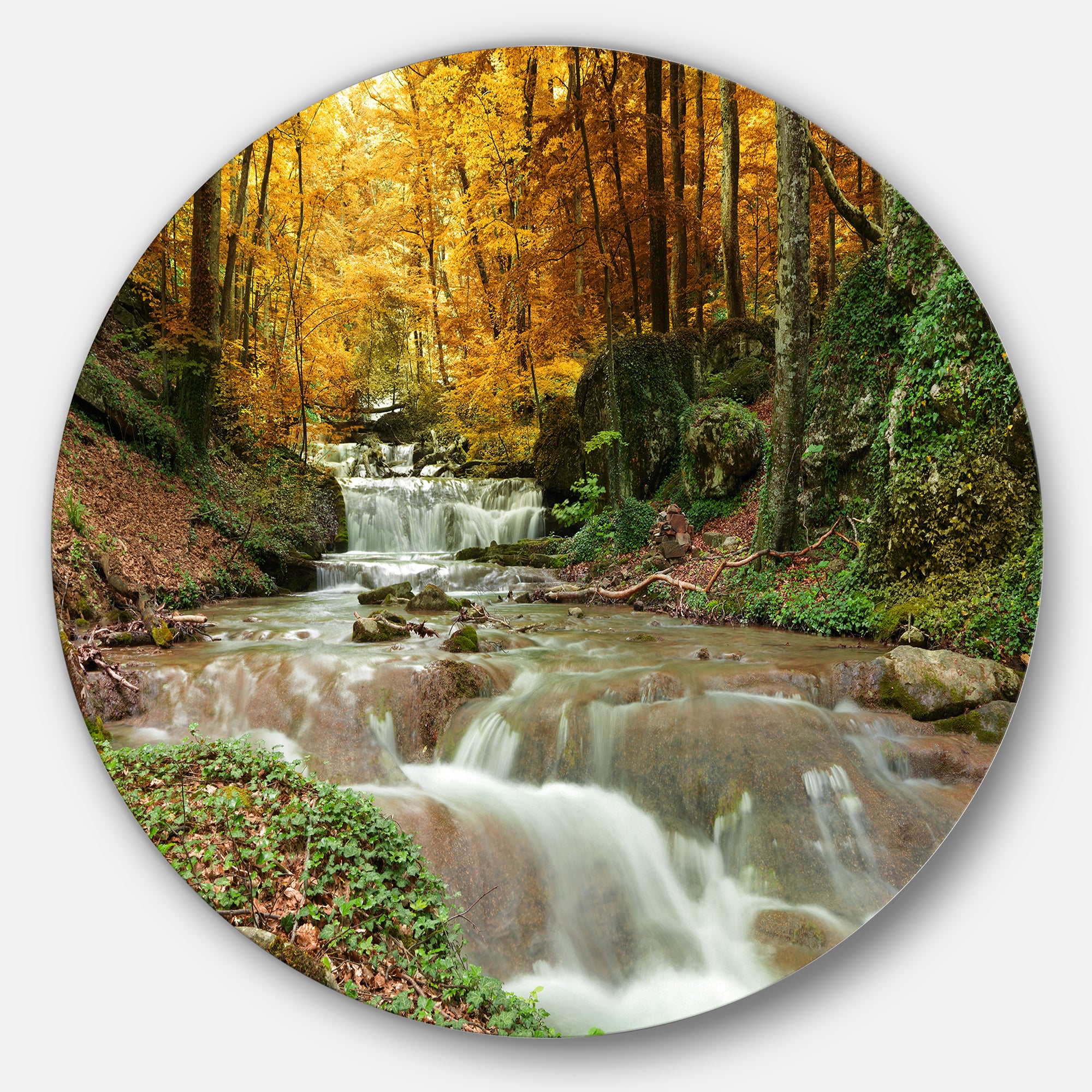 Forest Waterfall with Yellow Trees' Large Landscape Metal Circle Wall Art