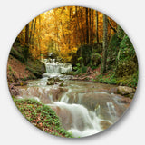 Forest Waterfall with Yellow Trees' Large Landscape Metal Circle Wall Art