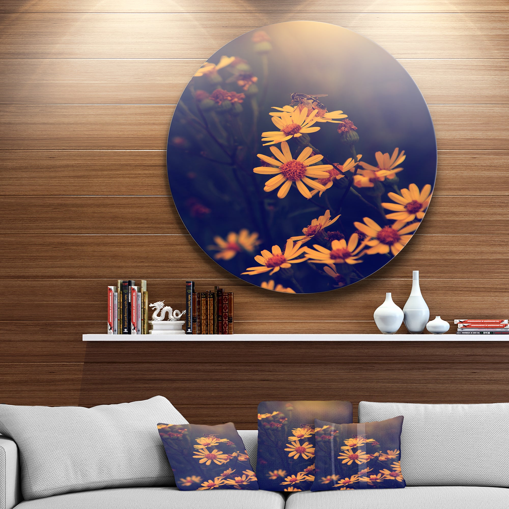 Vintage White Wild Flowers and Bee' Large Floral Metal Circle Wall Art