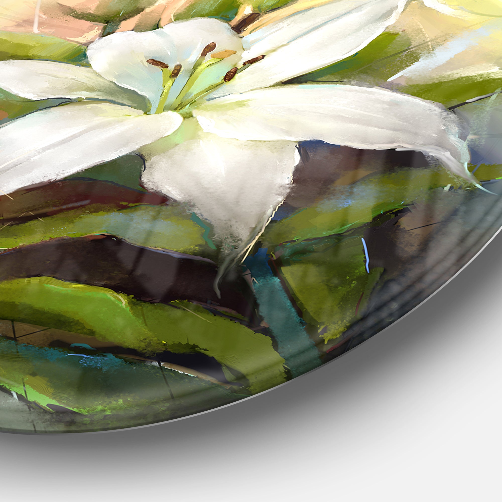 White Lily Flower Oil Painting' Large Floral Metal Circle Wall Art