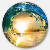 Designart 'Colored Ocean Waves Falling Down II' Modern Seashore Round Circle Metal Wall Decor Panel