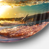 Designart 'Colored Ocean Waves Falling Down III' Modern Seashore Round Circle Metal Wall Decor Panel