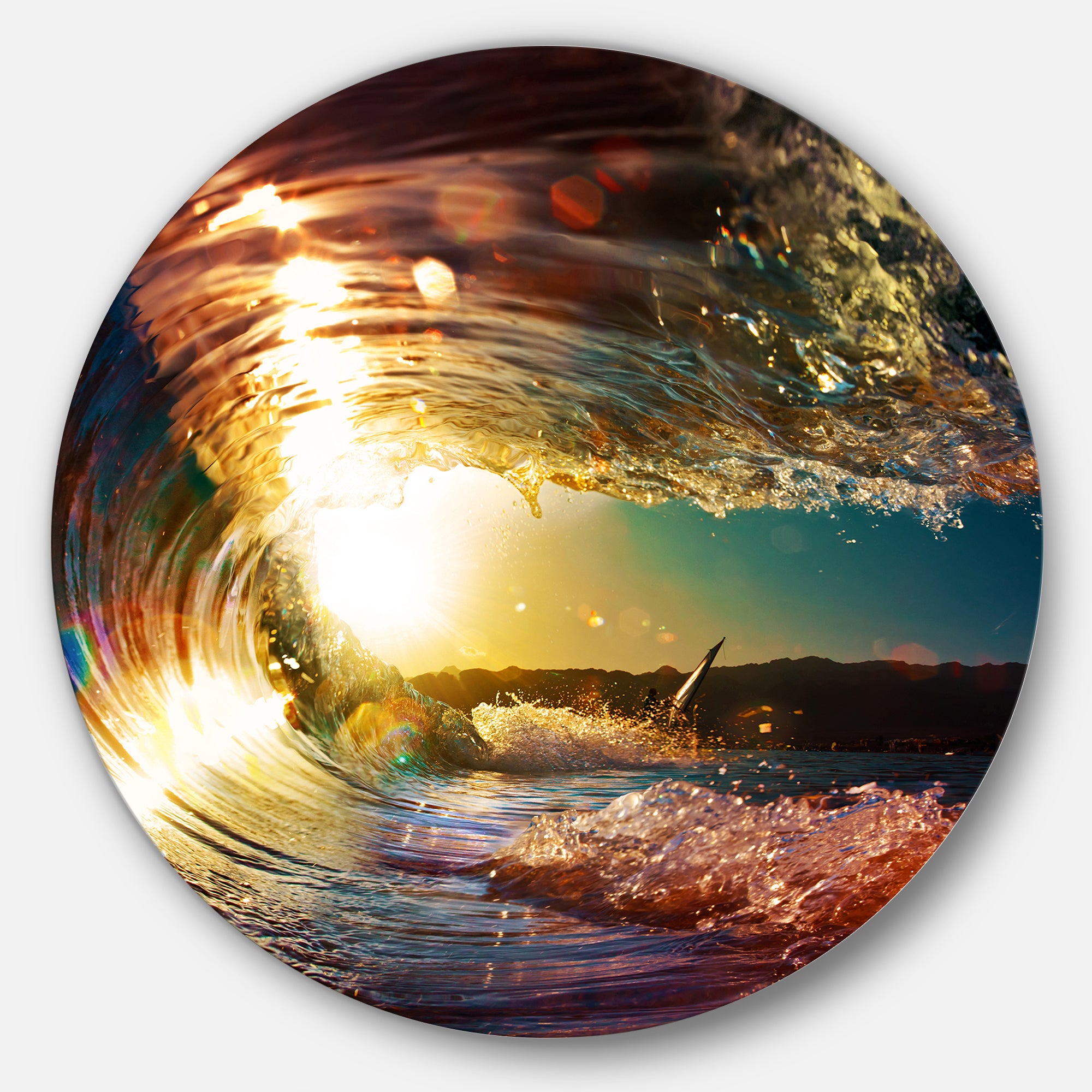 Designart 'Colored Ocean Waves Falling Down III' Modern Seashore Round Circle Metal Wall Decor Panel
