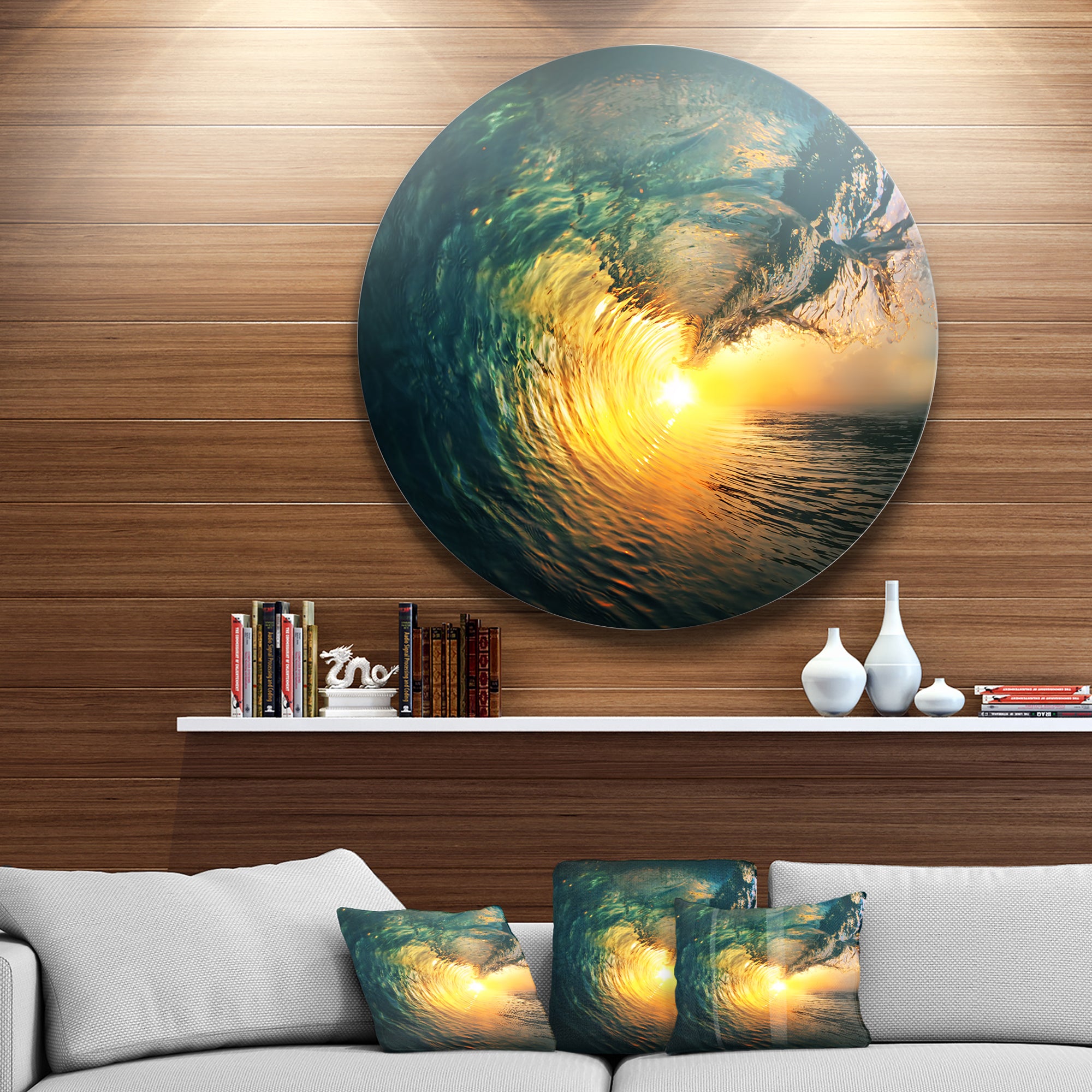 Designart 'Colored Ocean Waves Falling Down VI' Modern Seashore Round Circle Metal Wall Decor Panel