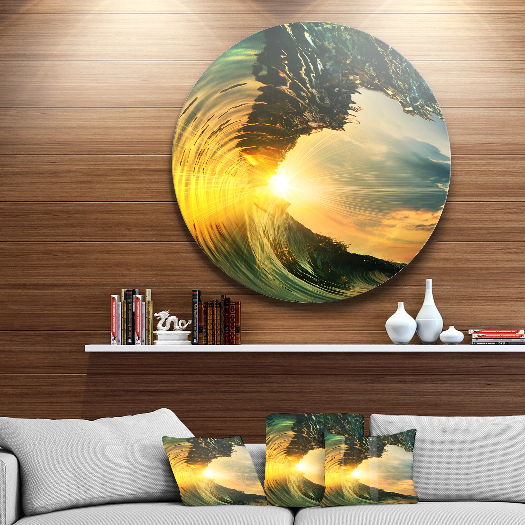Designart 'Colored Ocean Waves Falling Down VII' Modern Seashore Round Circle Metal Wall Decor Panel