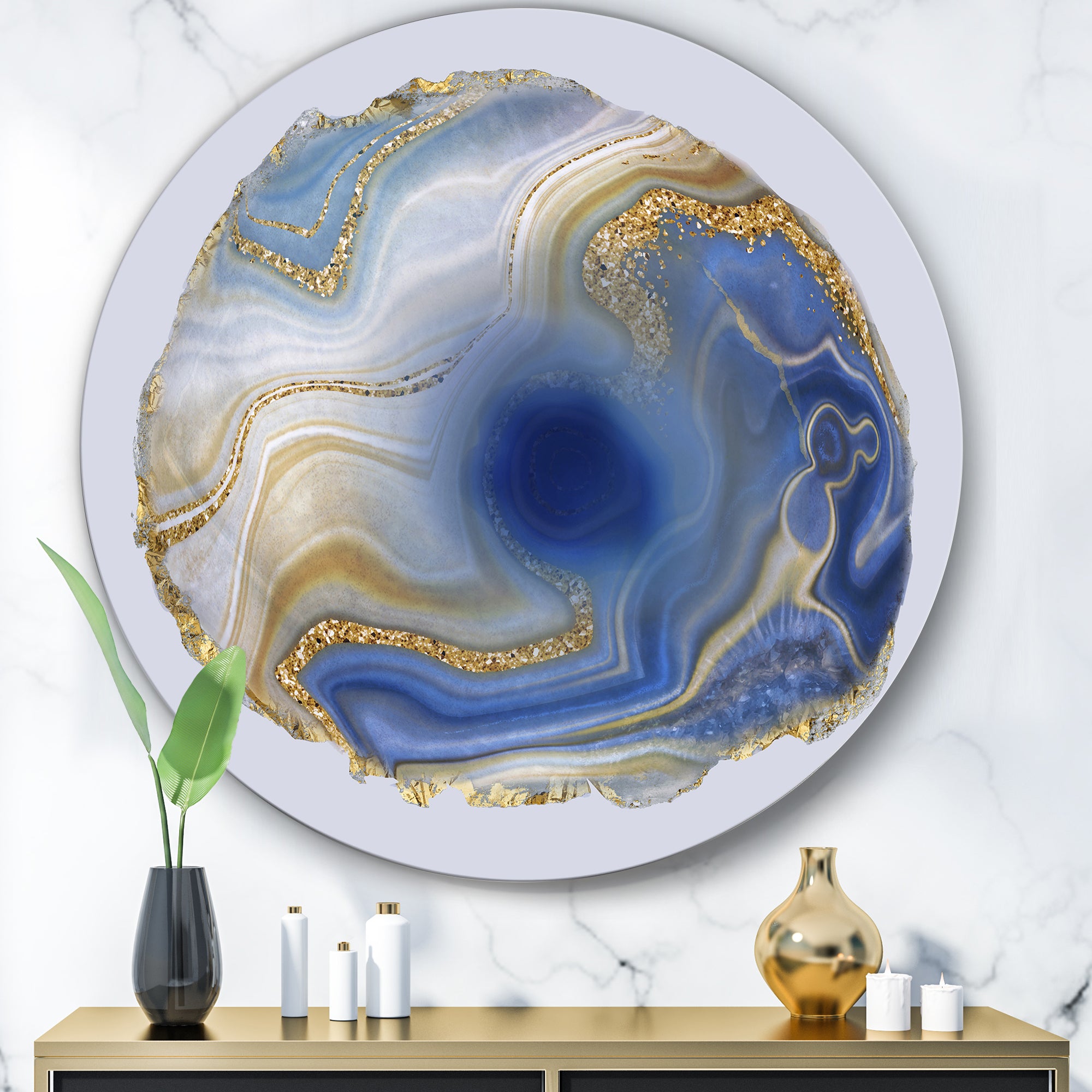 Designart 'Ocean Blue Golden Jasper Agate I' Glam Round Circle Metal Wall Decor Panel