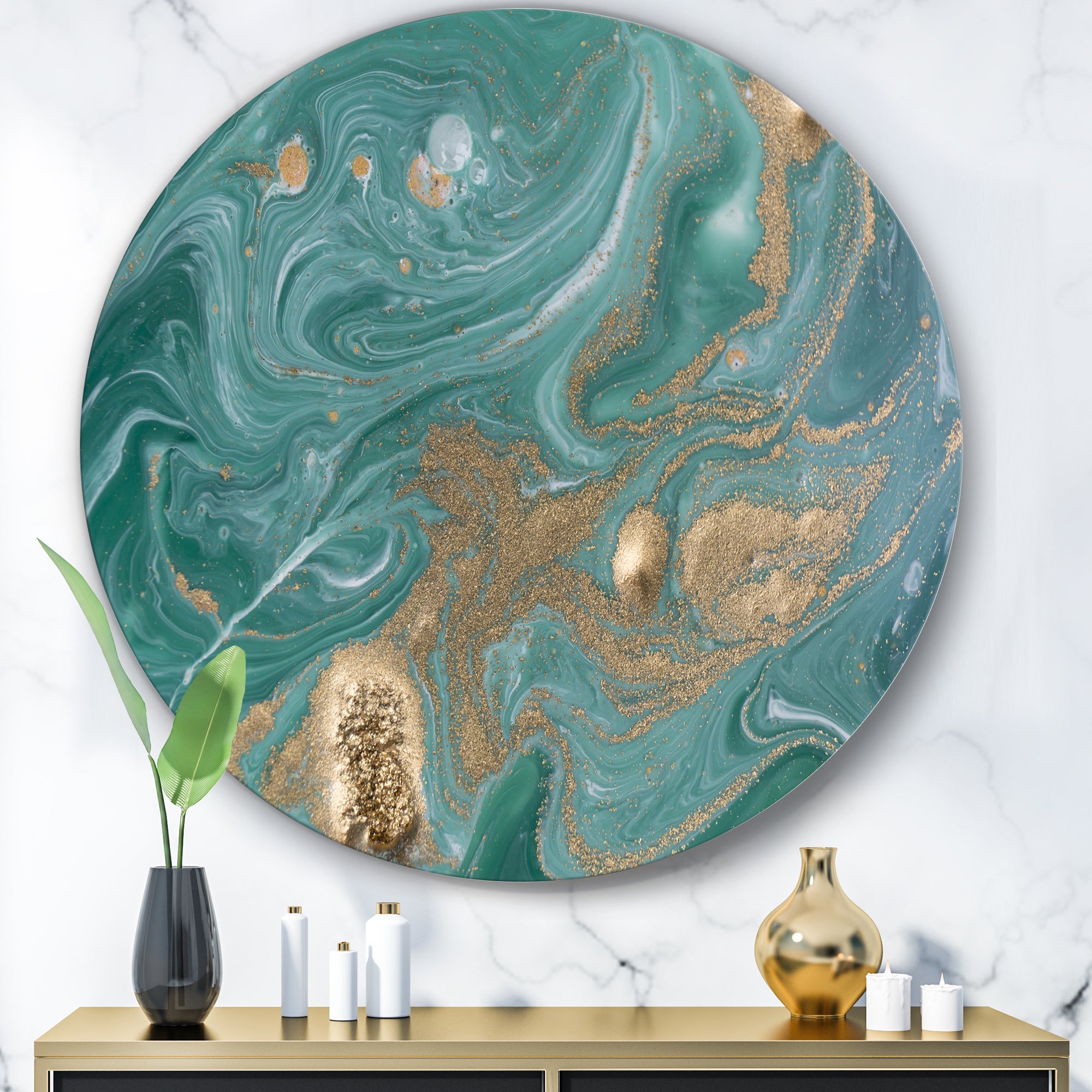 Designart 'Nature Green and Gold Marble' Glam Round Circle Metal Wall Decor Panel