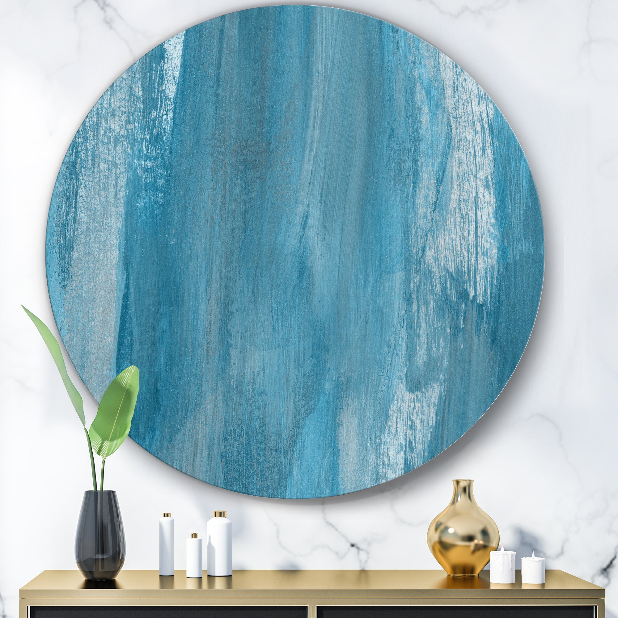 Designart 'White and Blue Paint Waves I' Glam Round Circle Metal Wall Decor Panel