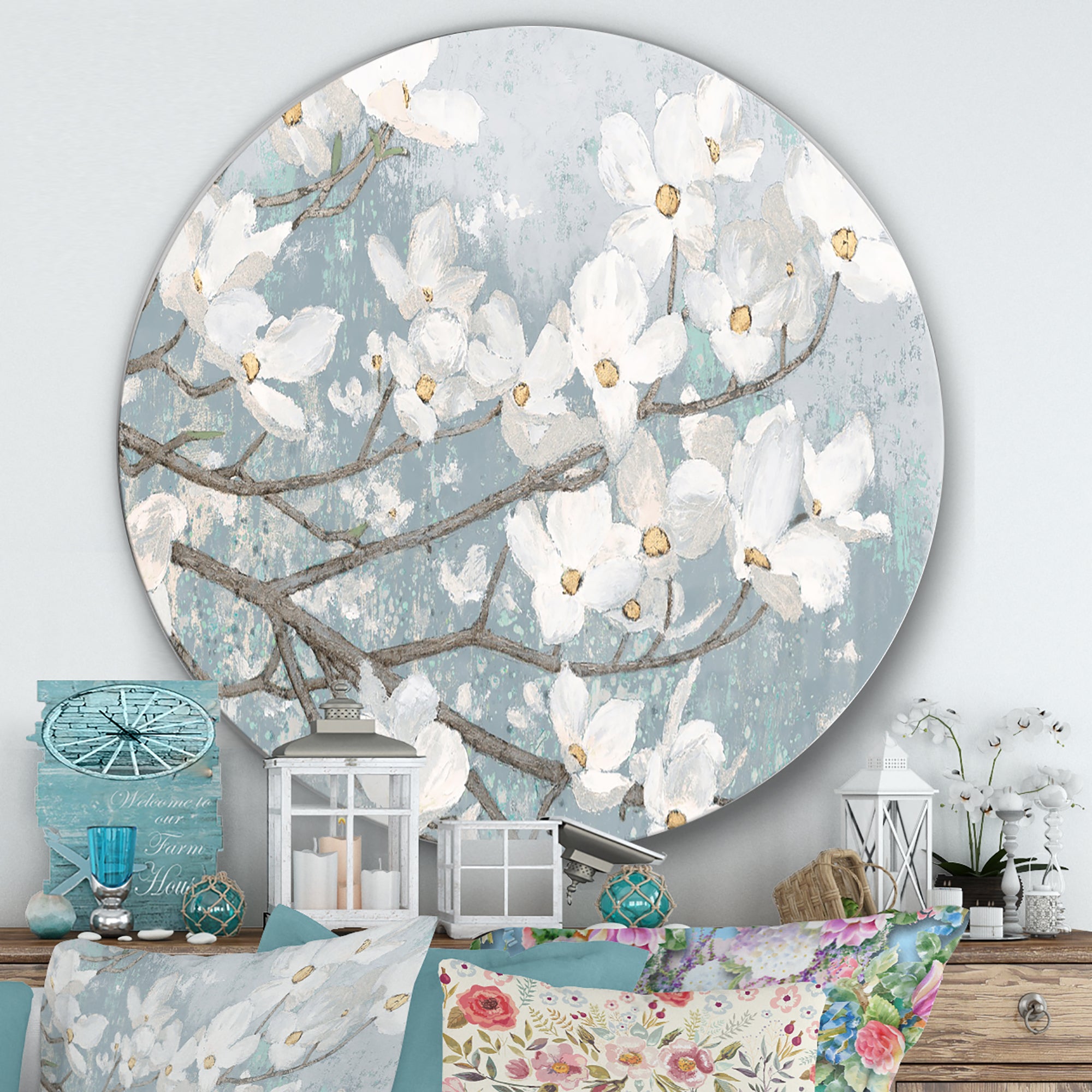 Designart 'Blue on Grey Blossoms ' Farmhouse Metal Circle Wall Art