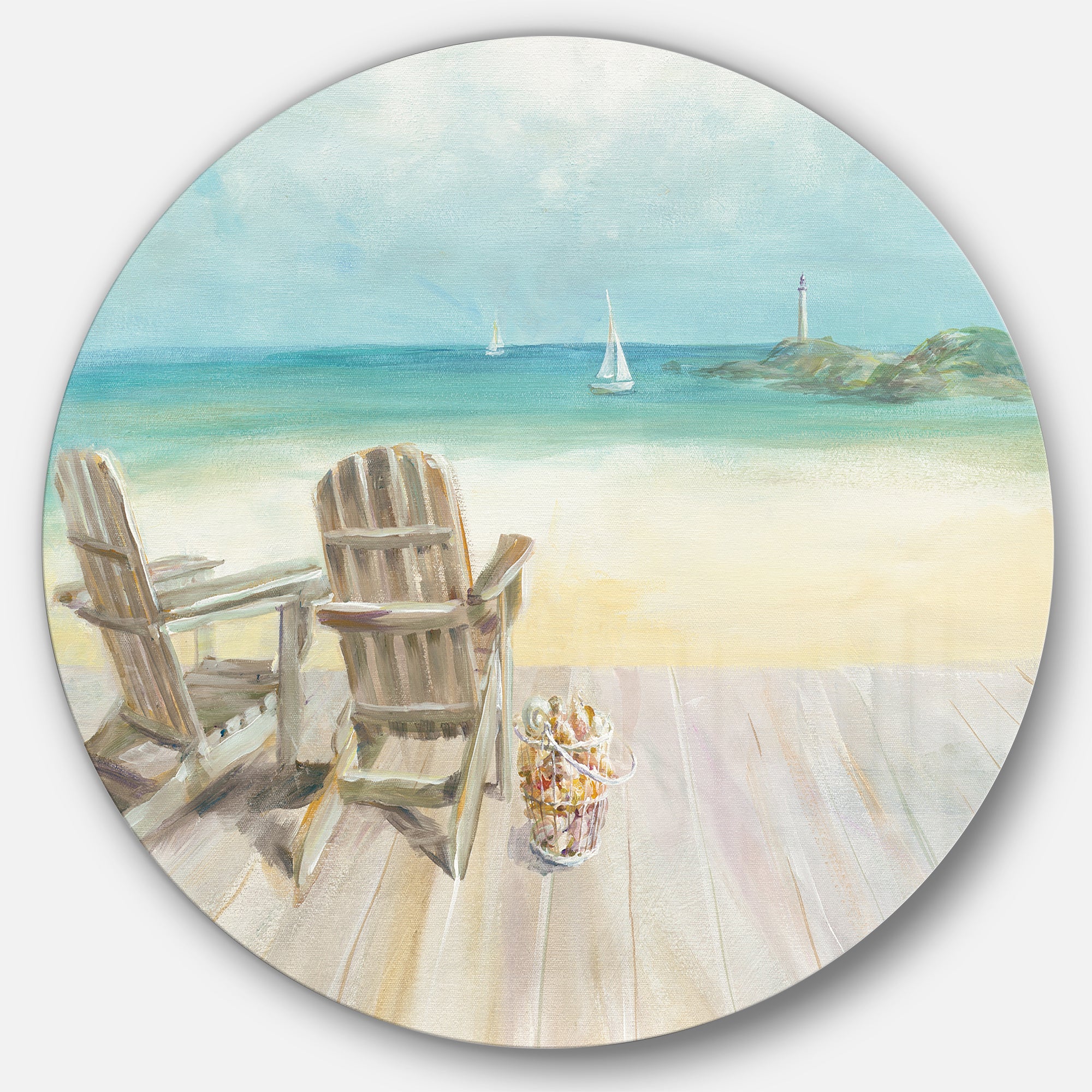 Designart 'Seaside Morning no Window' Nautical & Coastal Metal Circle Wall Art