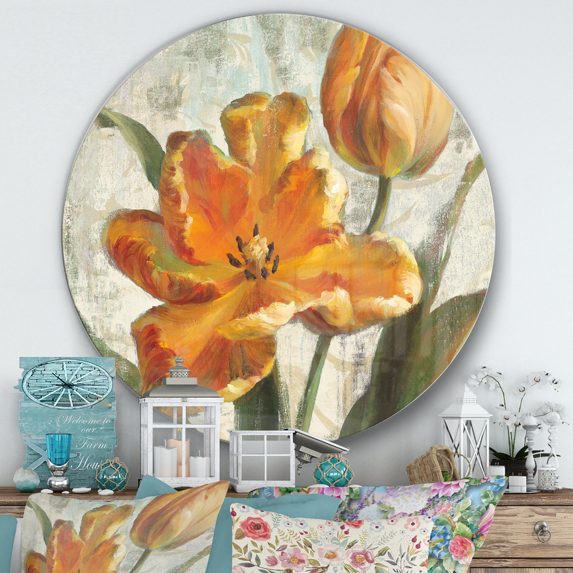 Designart 'Parrot Tulips I on Ivory' Farmhouse Metal Circle Wall Art