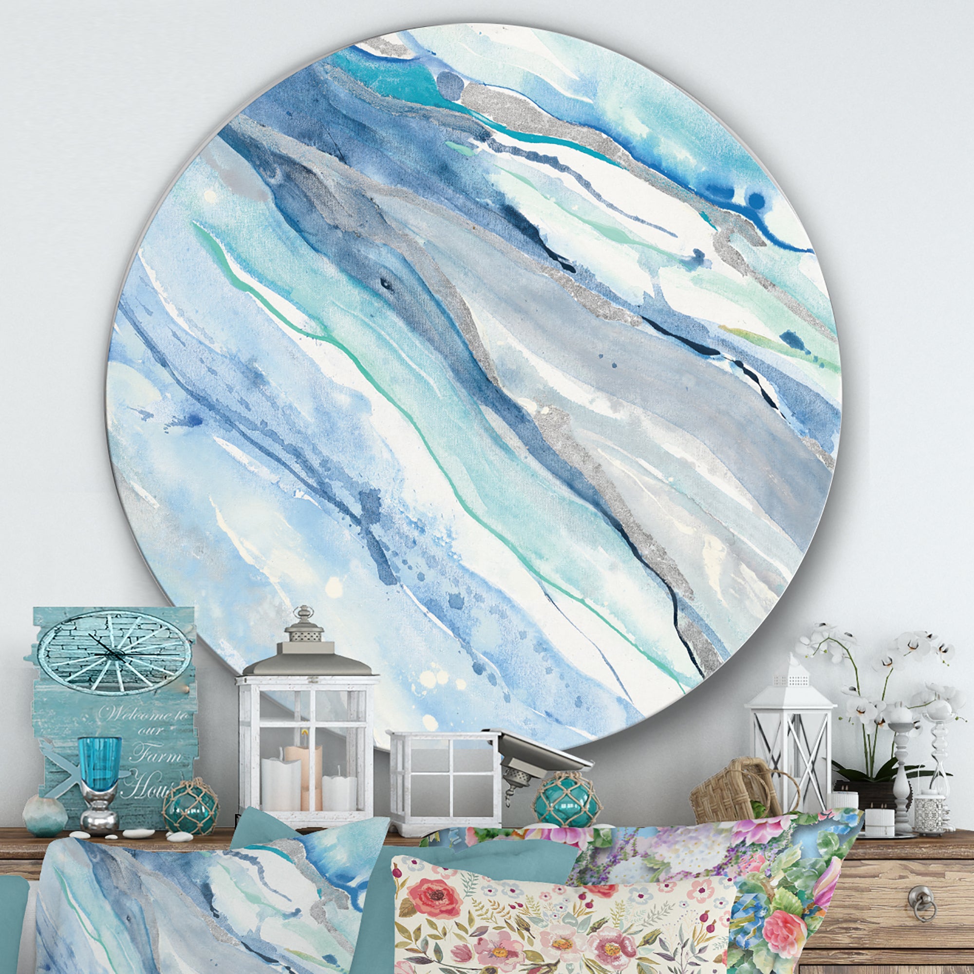 Designart 'Blue Silver Spring II' Farmhouse Metal Circle Wall Art