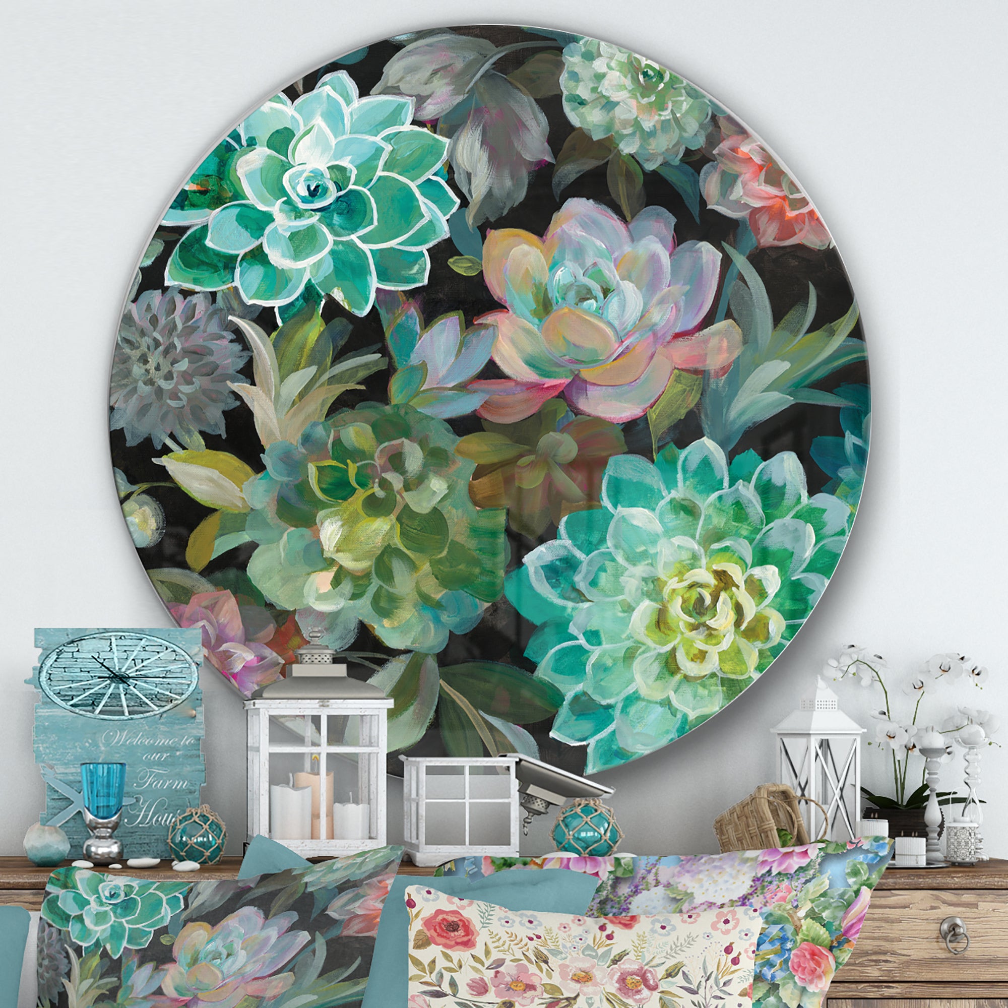 Designart 'Floral Succulents' Farmhouse Metal Circle Wall Art