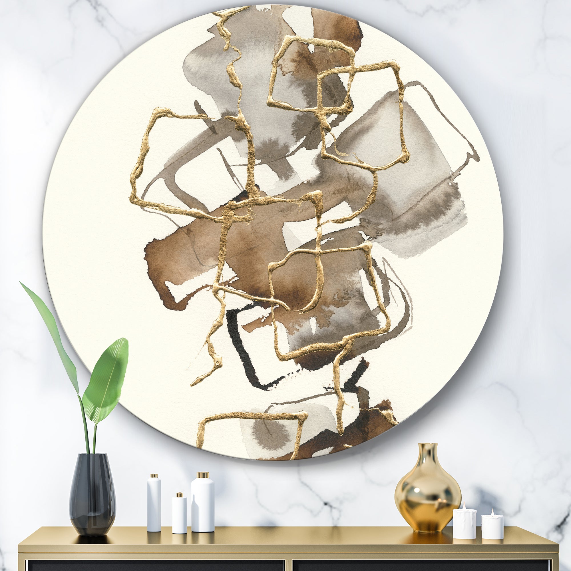 Designart 'Gold Glam Squares III' Glam Metal Circle Wall Art