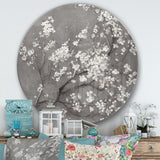 Designart 'White Cherry Blossoms I' Farmhouse Metal Circle Wall Art