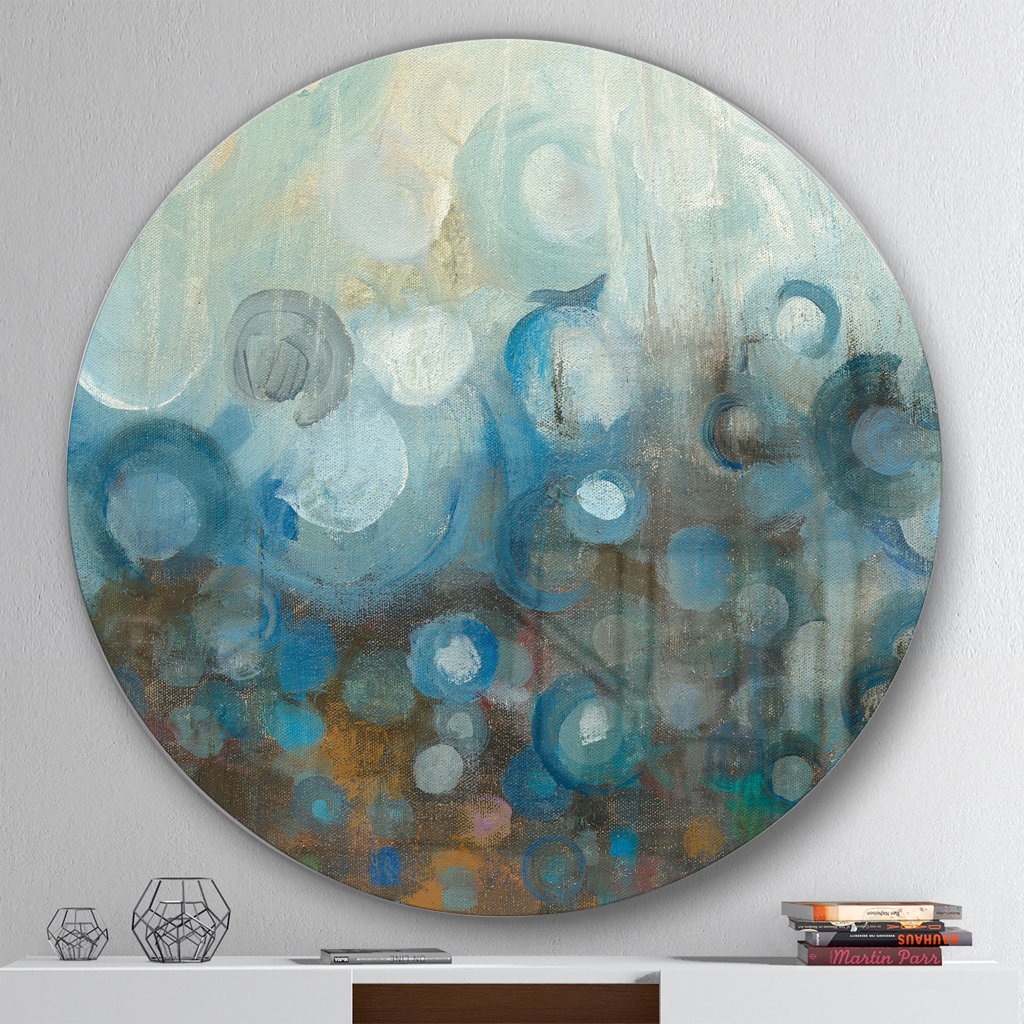 Designart 'Blue and Bronze Dots on Glass I' Geometric Metal Circle Wall Art