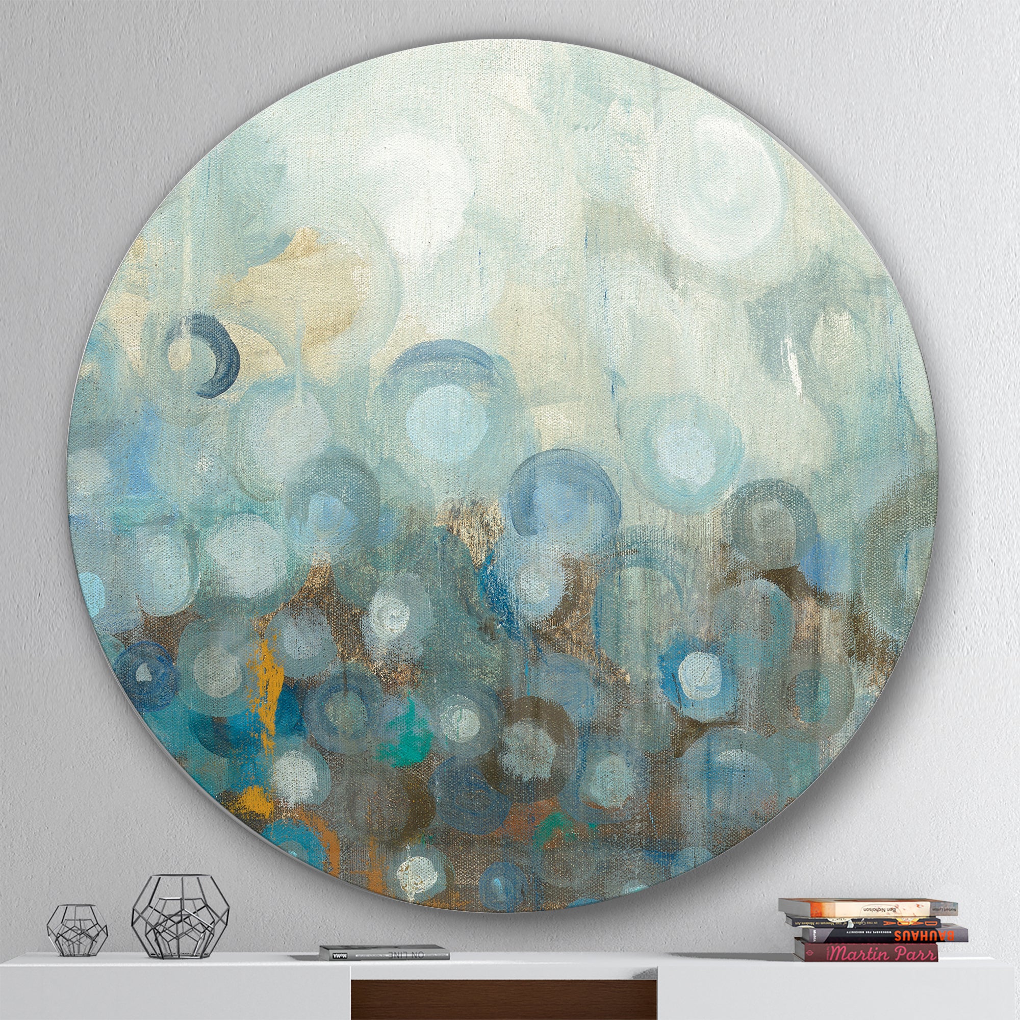 Designart 'Blue and Bronze Dots on Glass II' Geometric Metal Circle Wall Art