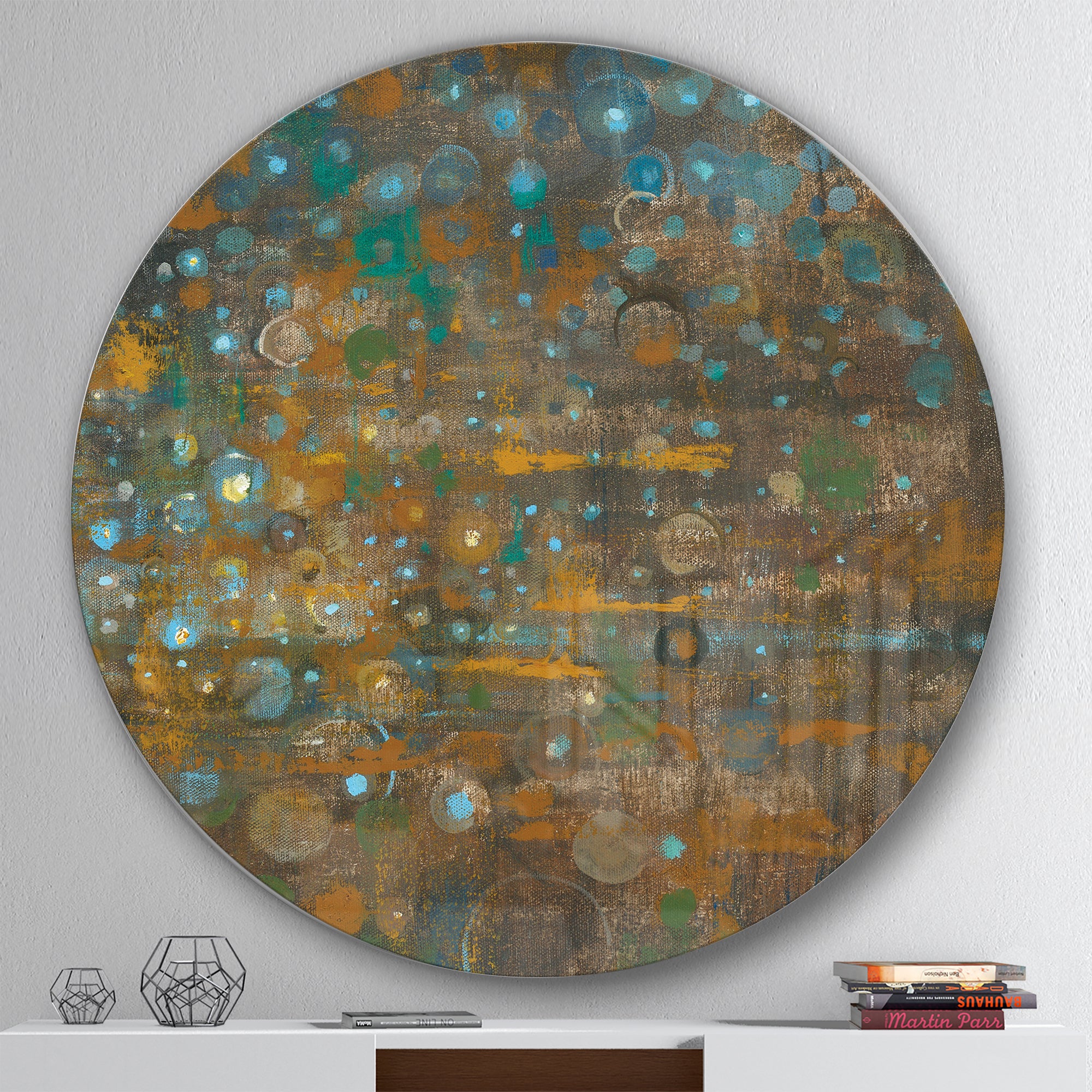Designart 'Blue and Bronze Dots on Glass IV' Geometric Metal Circle Wall Art