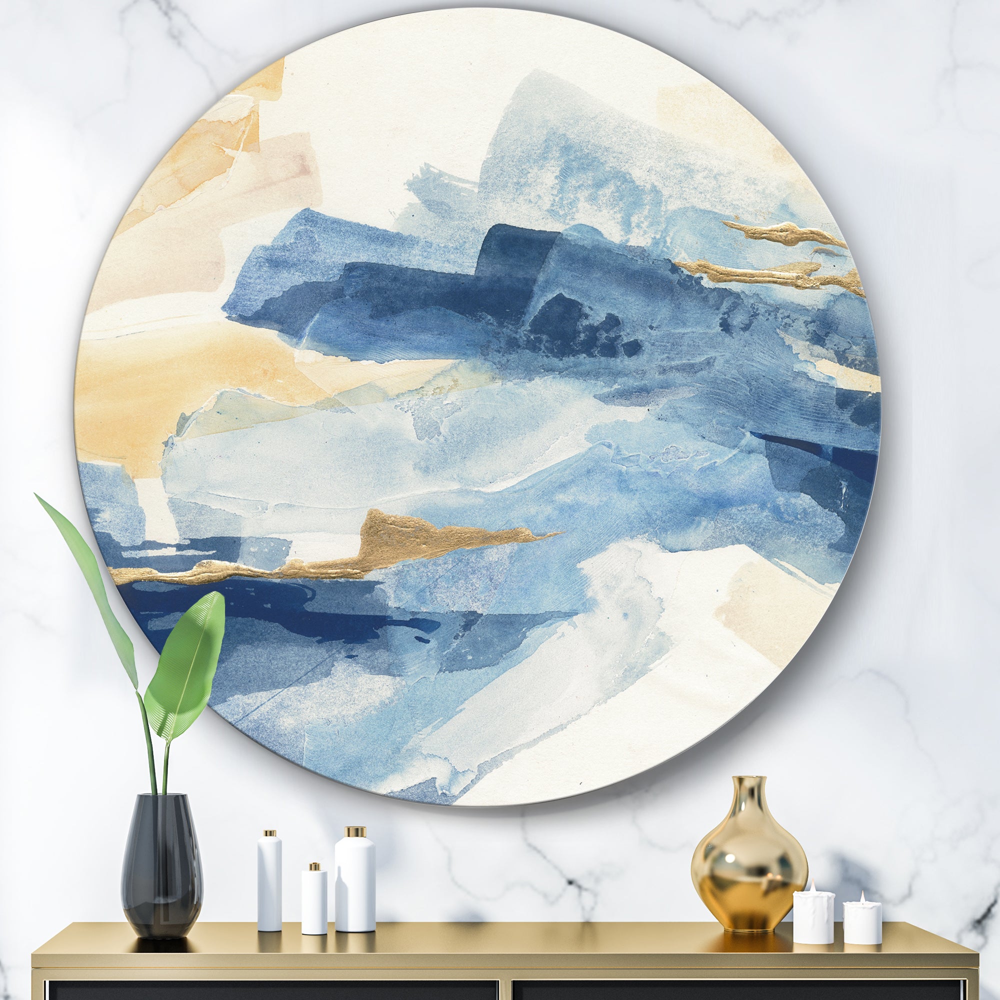 Designart 'Metallic Gold Indigo II' Glam Metal Circle Wall Art