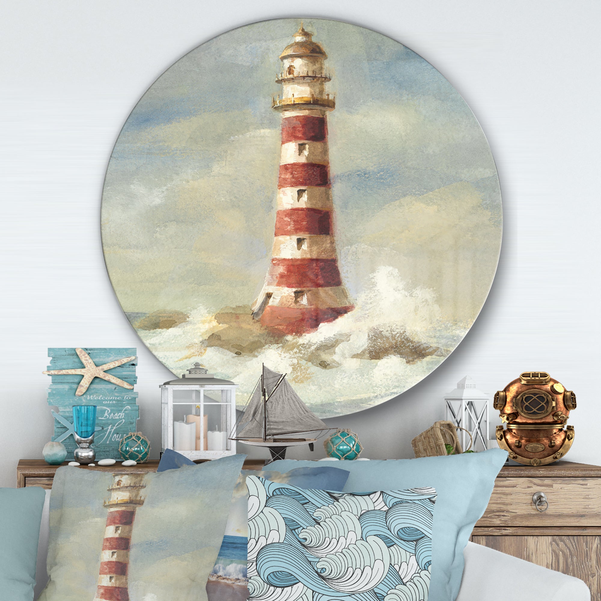 Designart 'Ocean Lighthouse' Nautical & Coastal Metal Circle Wall Art