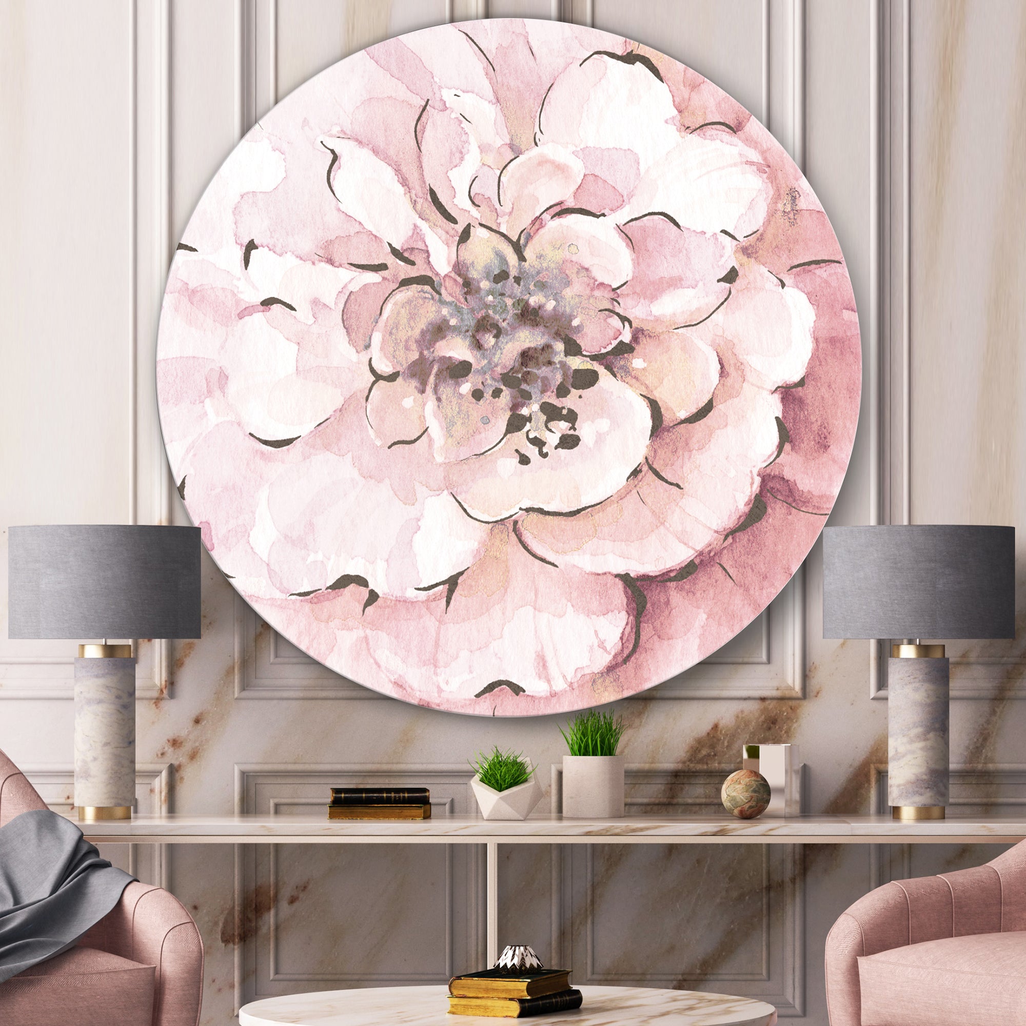 Designart 'Indigold Shabby Peonies Pink' Shabby Chic Metal Circle Wall Art