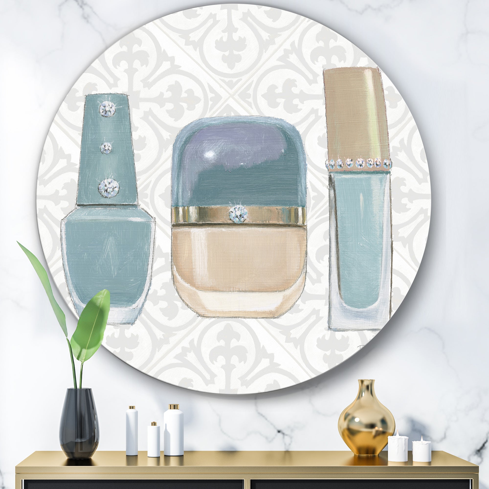 Designart 'Glam cosmetics Blue accessories' Glam Metal Circle Wall Art