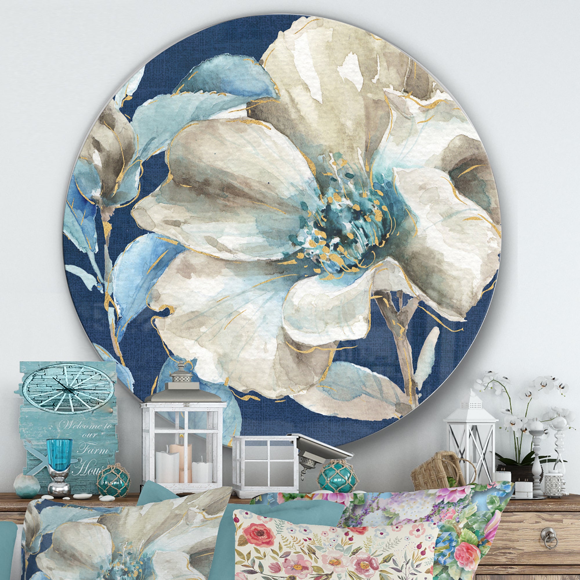 Designart 'Indigold Watercolor Flower I' Farmhouse Metal Circle Wall Art