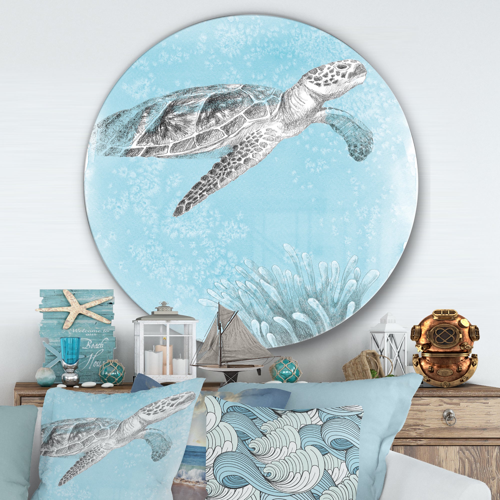 Designart 'Coastal Sea Life I Turtle sketches' Nautical & Coastal Metal Circle Wall Art