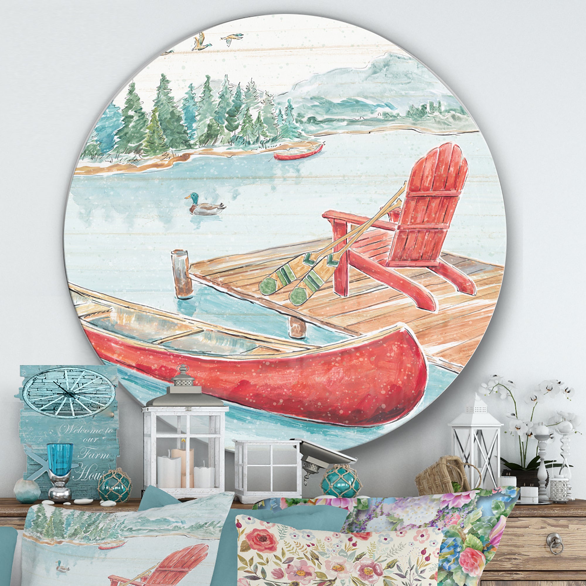 Designart 'Lake Moments IV' Farmhouse Metal Circle Wall Art