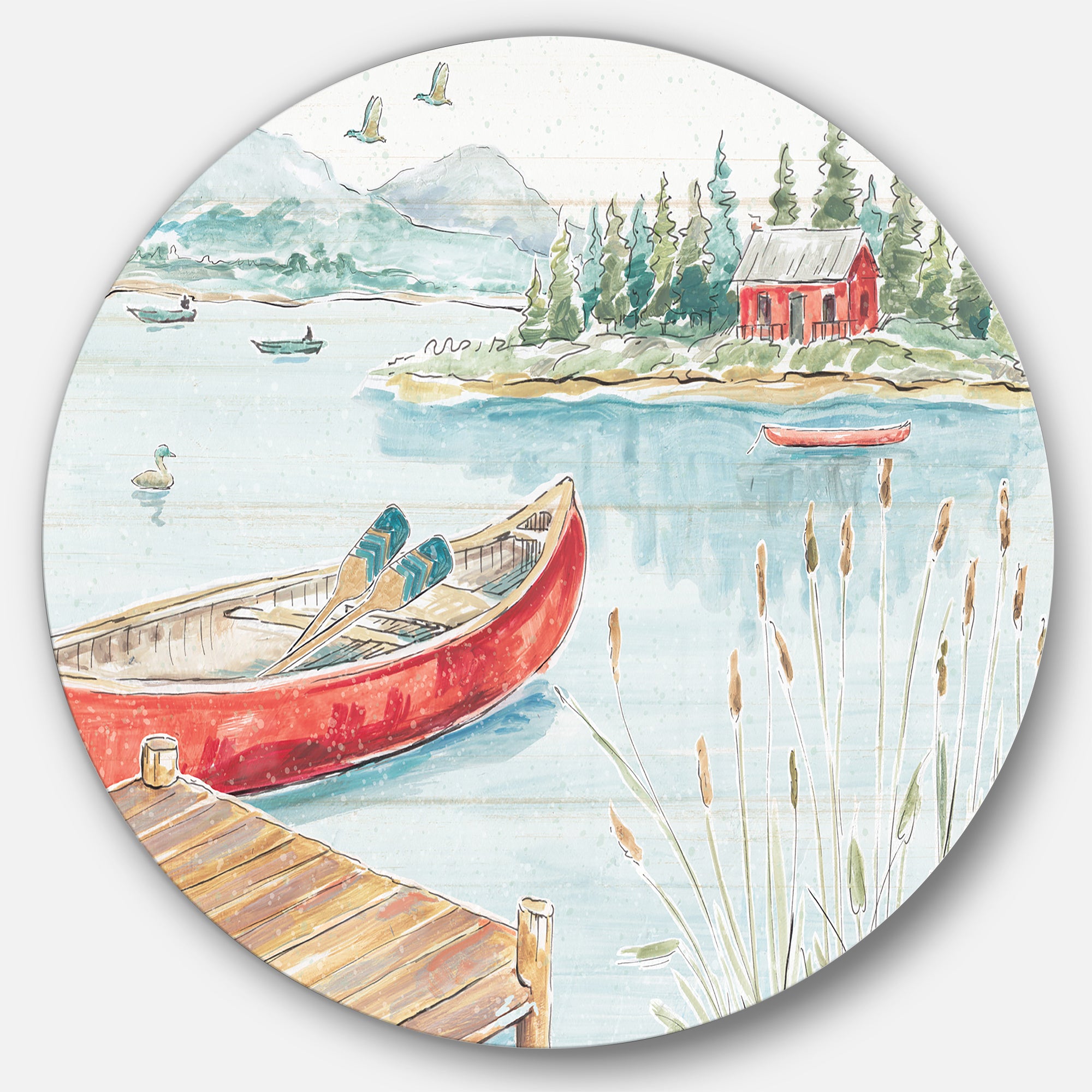 Designart 'Lake House Canoes I' Farmhouse Metal Circle Wall Art