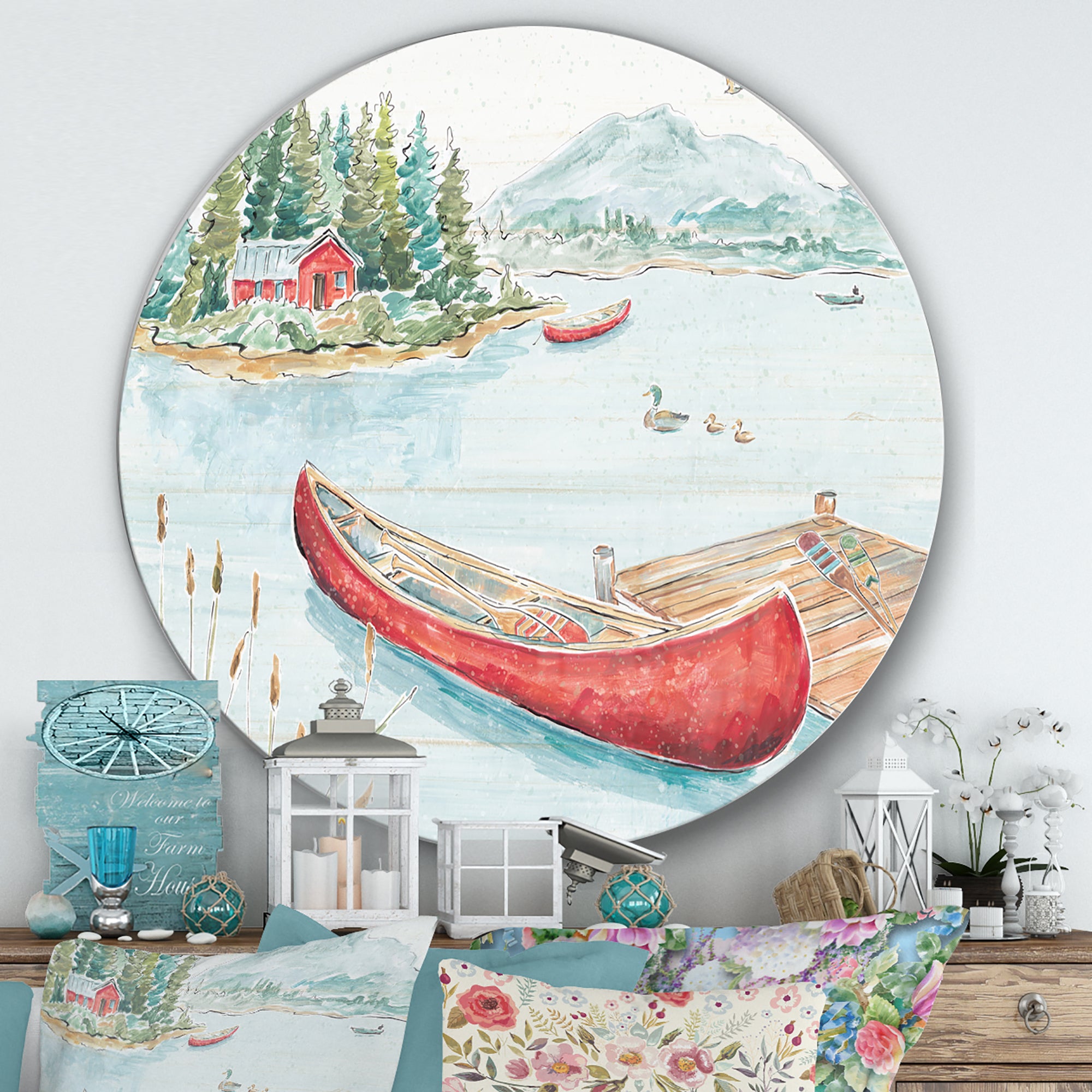 Designart 'Lake House Canoes II' Farmhouse Metal Circle Wall Art