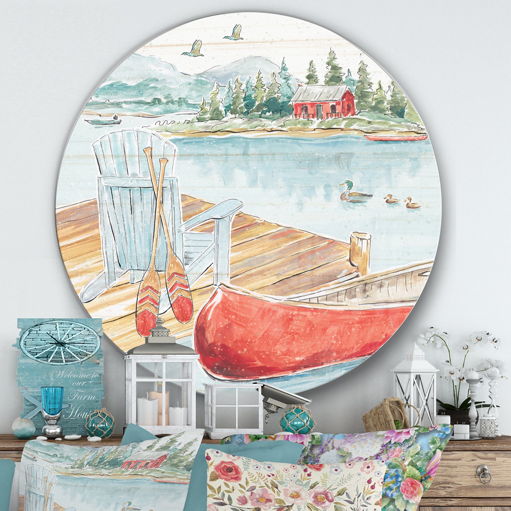 Designart 'Lake House Canoes III' Farmhouse Metal Circle Wall Art