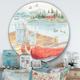 Designart 'Lake House Canoes III' Farmhouse Metal Circle Wall Art