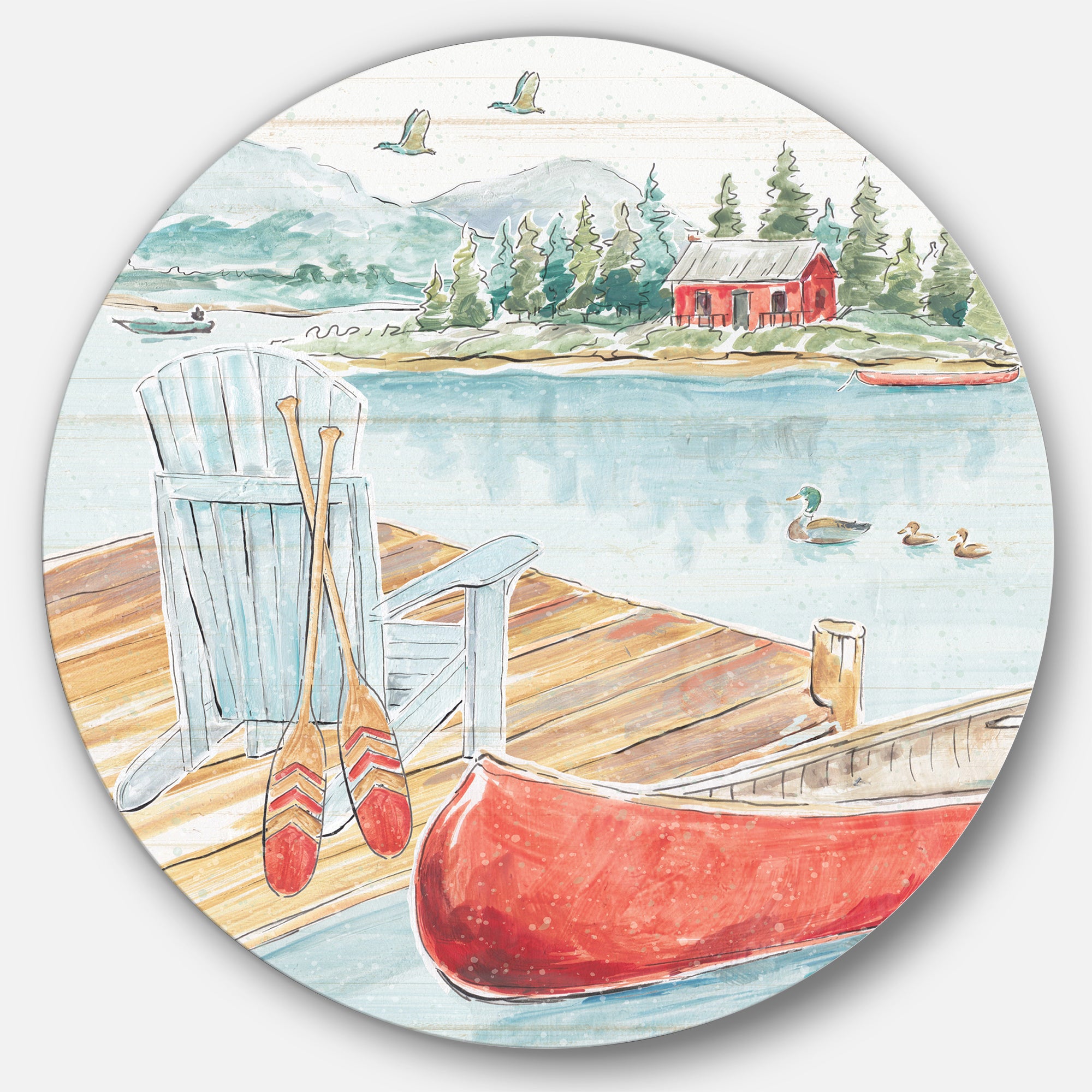 Designart 'Lake House Canoes III' Farmhouse Metal Circle Wall Art