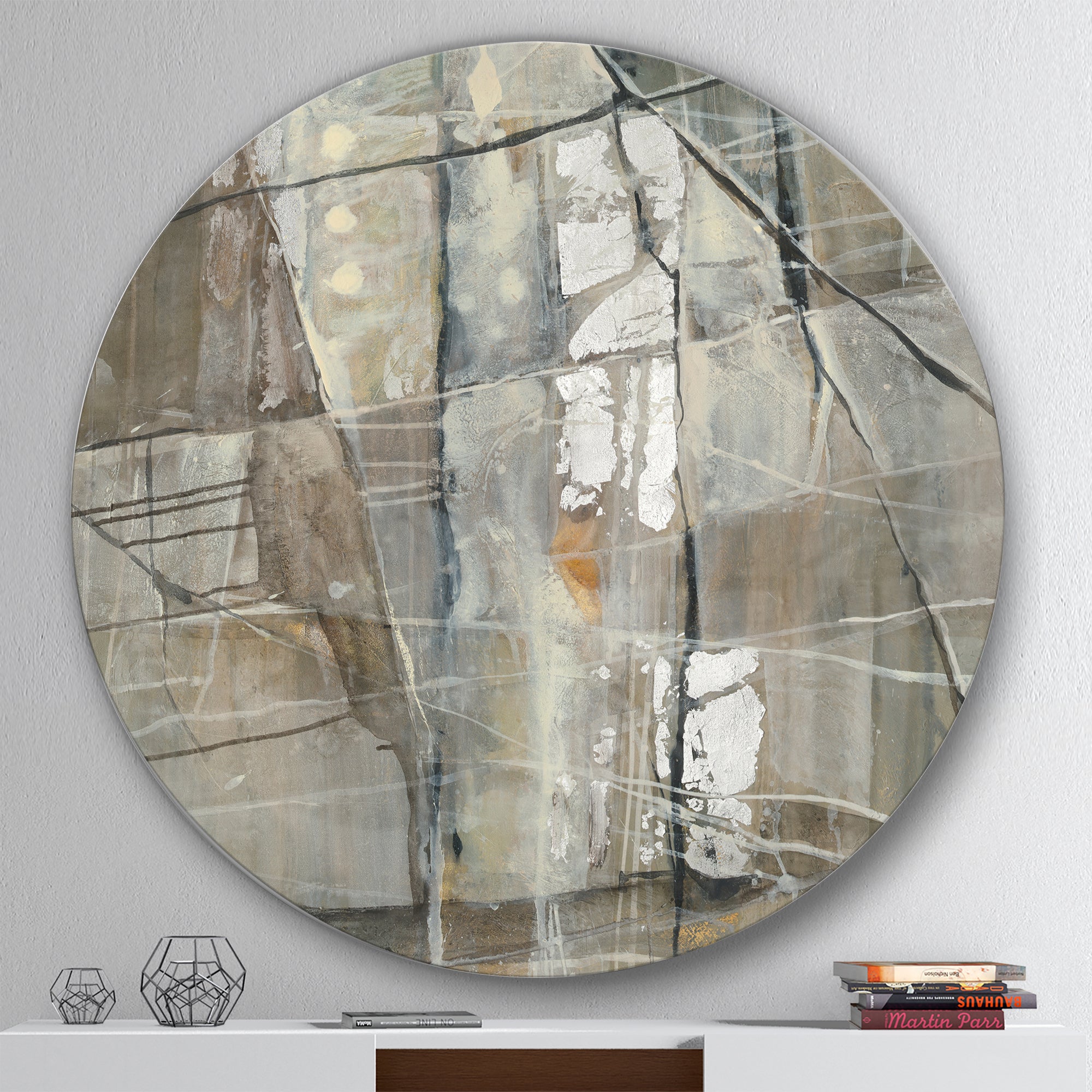 Designart 'Grey Silver Geometric Composition' Geometric Metal Circle Wall Art
