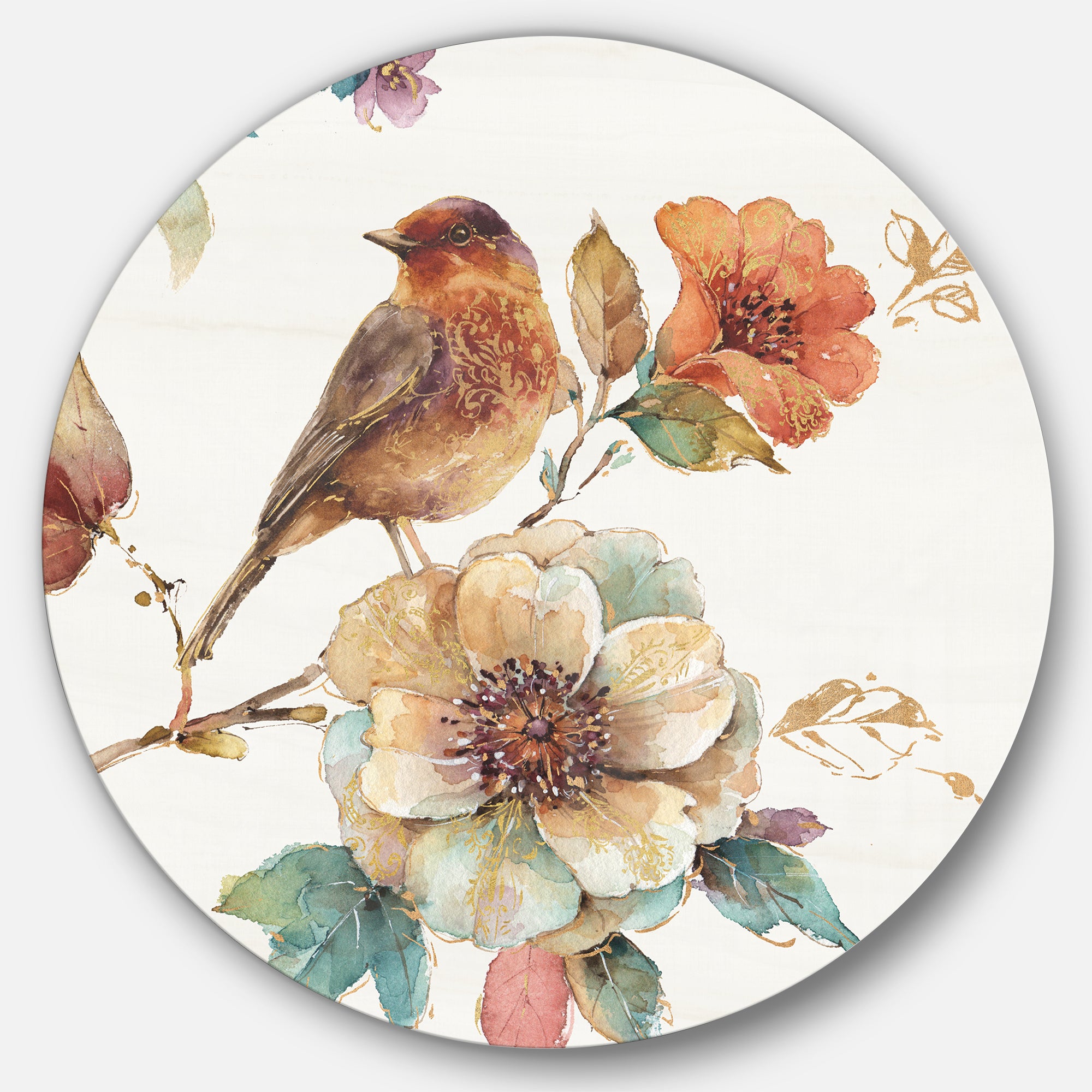 Designart 'Farmhouse Bird on Flower Branch' Farmhouse Metal Circle Wall Art