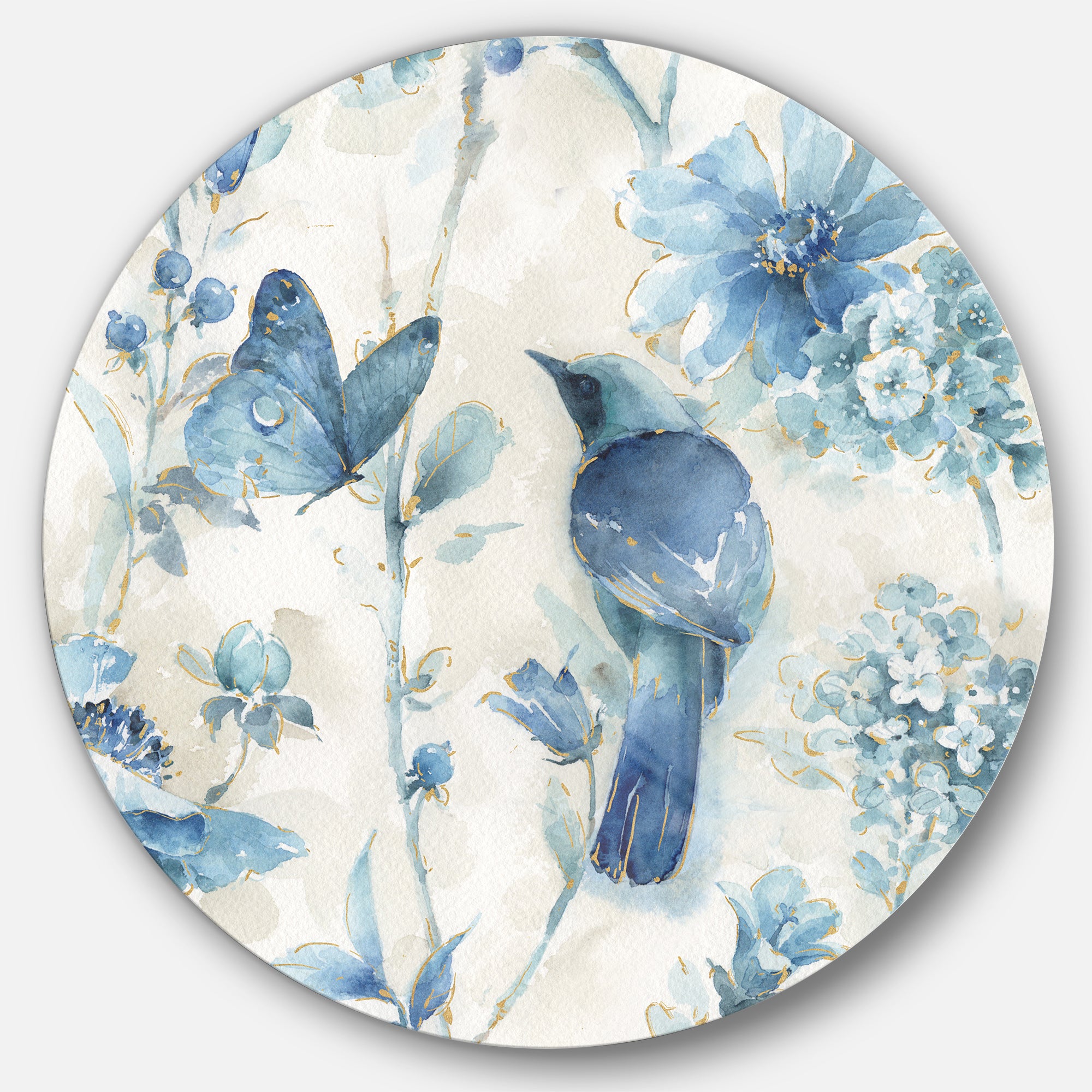 Designart 'Indigold Bird Cottage Family I' Farmhouse Metal Circle Wall Art