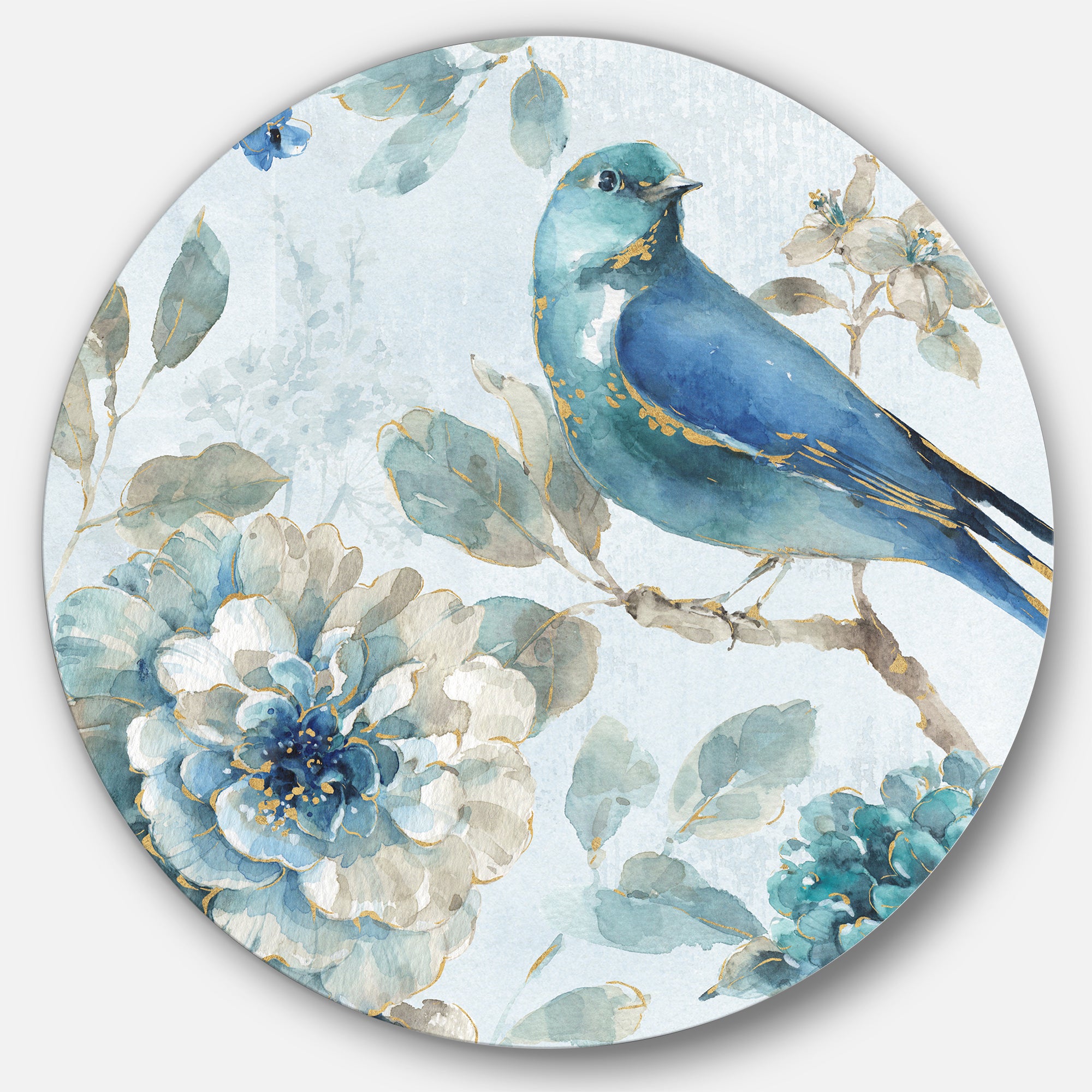 Designart 'Indigold Watercolor Lovely bird II' Farmhouse Metal Circle Wall Art