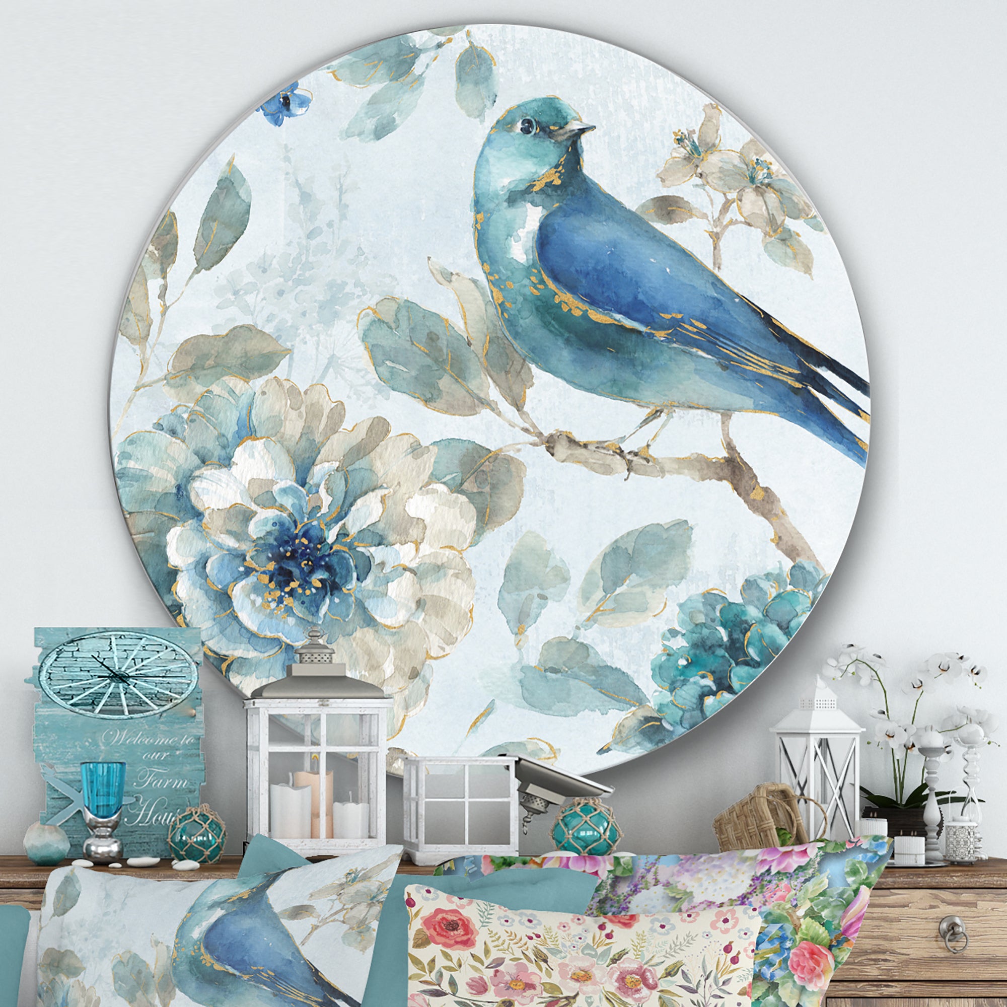 Designart 'Indigold Watercolor Lovely bird II' Farmhouse Metal Circle Wall Art