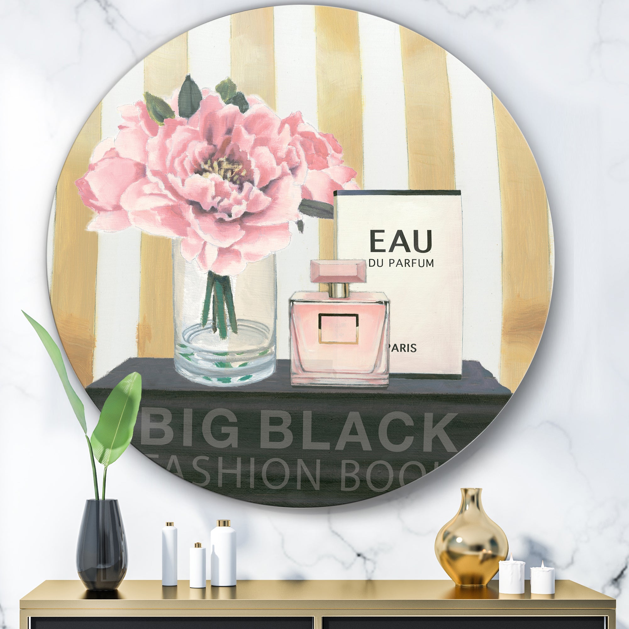 Designart 'Glam & Fashion Parfum Boudoir III' Glam Metal Circle Wall Art