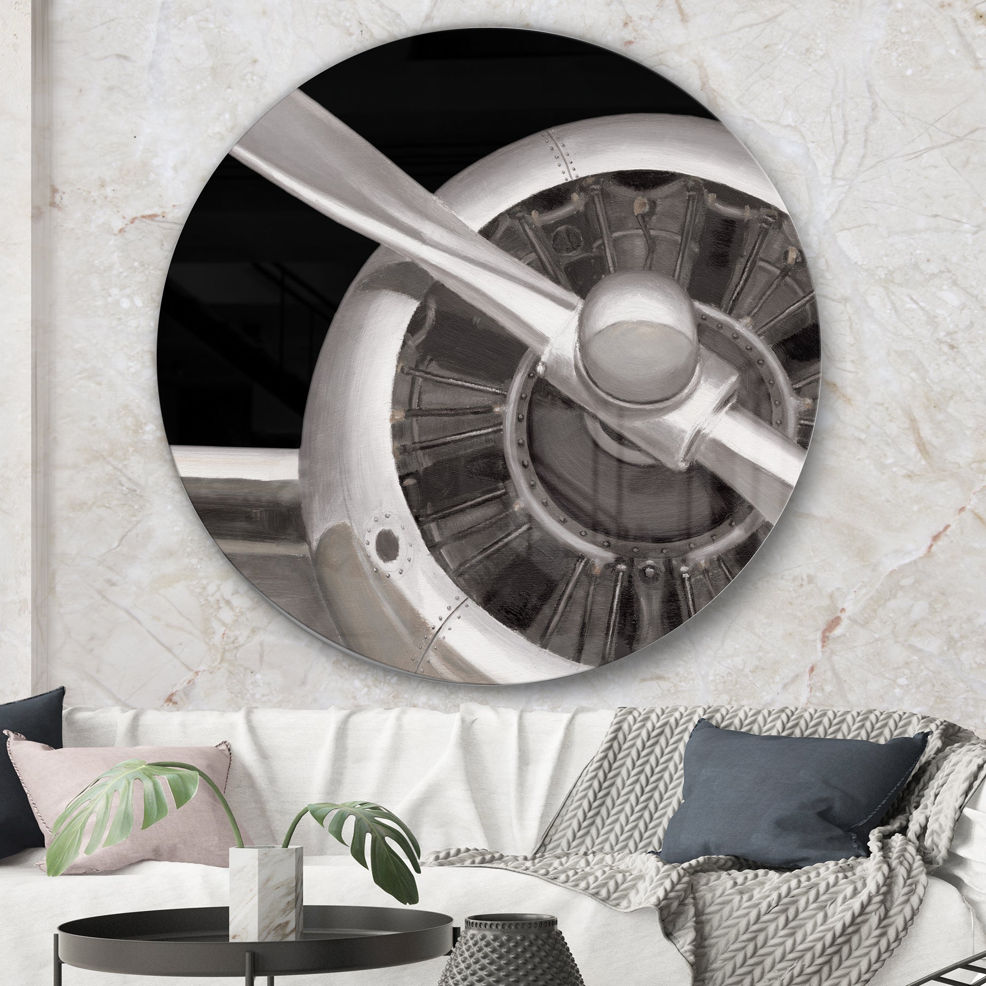 Designart 'Travel by Air Grey Plane' Traditional Metal Circle Wall Art