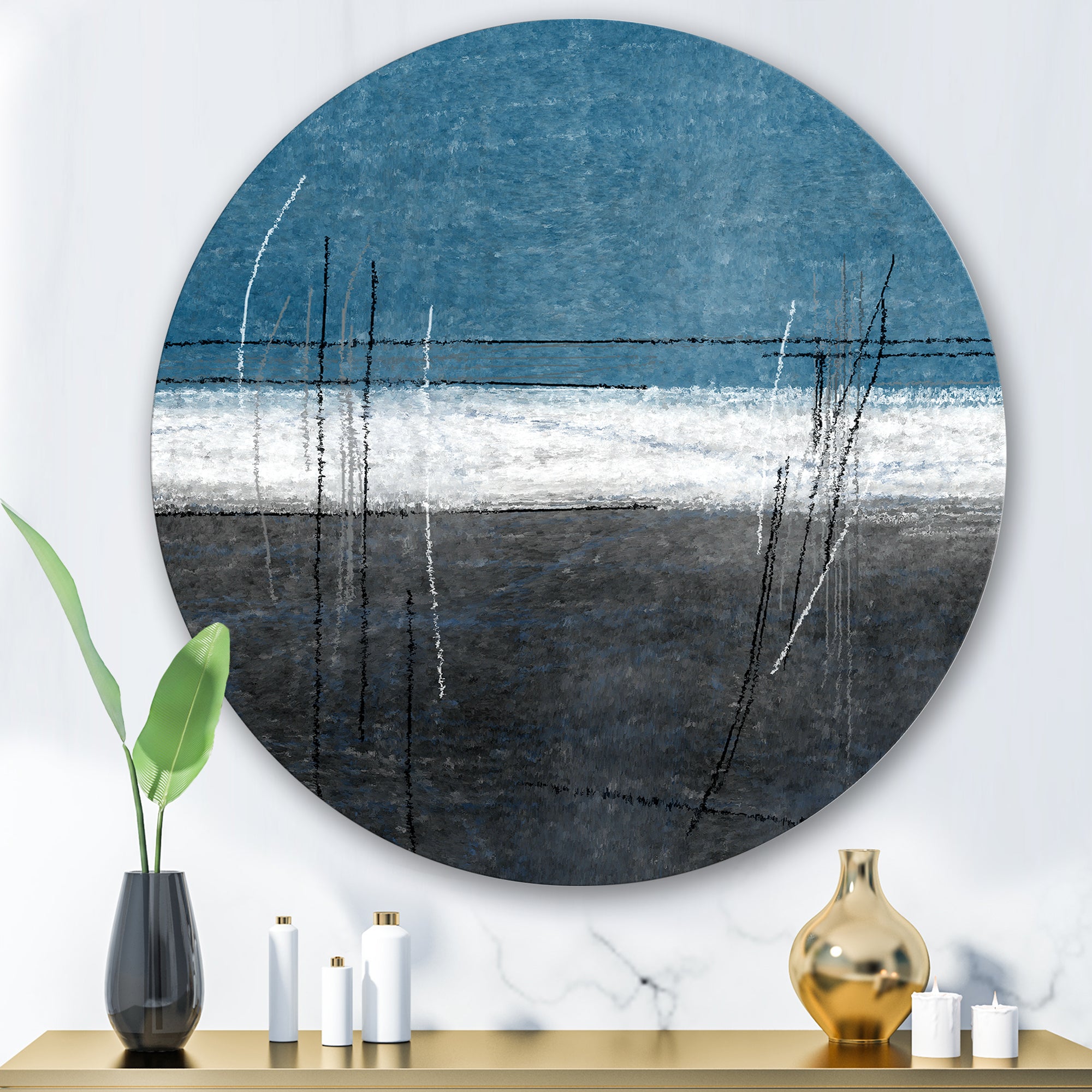Designart 'Teal Meets Grey Abstract Art' Modern Metal Circle Wall Art