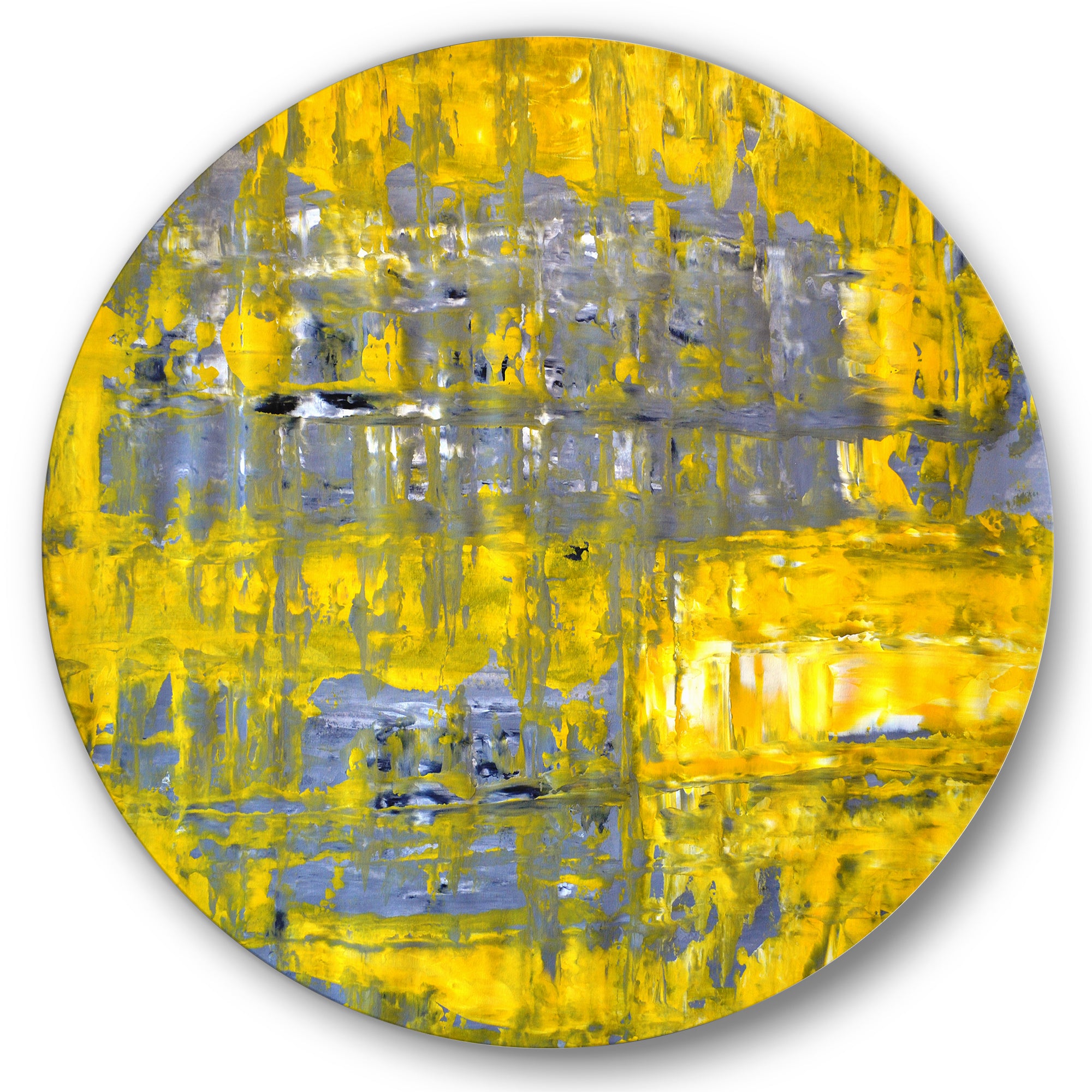 Designart 'Yellow Meets Grey Abstract Art I' Modern Metal Circle Wall Art