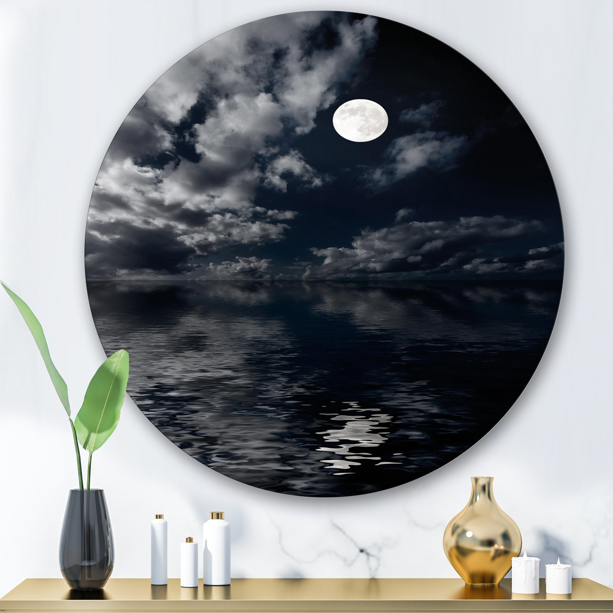 Designart 'Full Moon In Cloudy Night Sky IV' Nautical & Coastal Metal Circle Wall Art