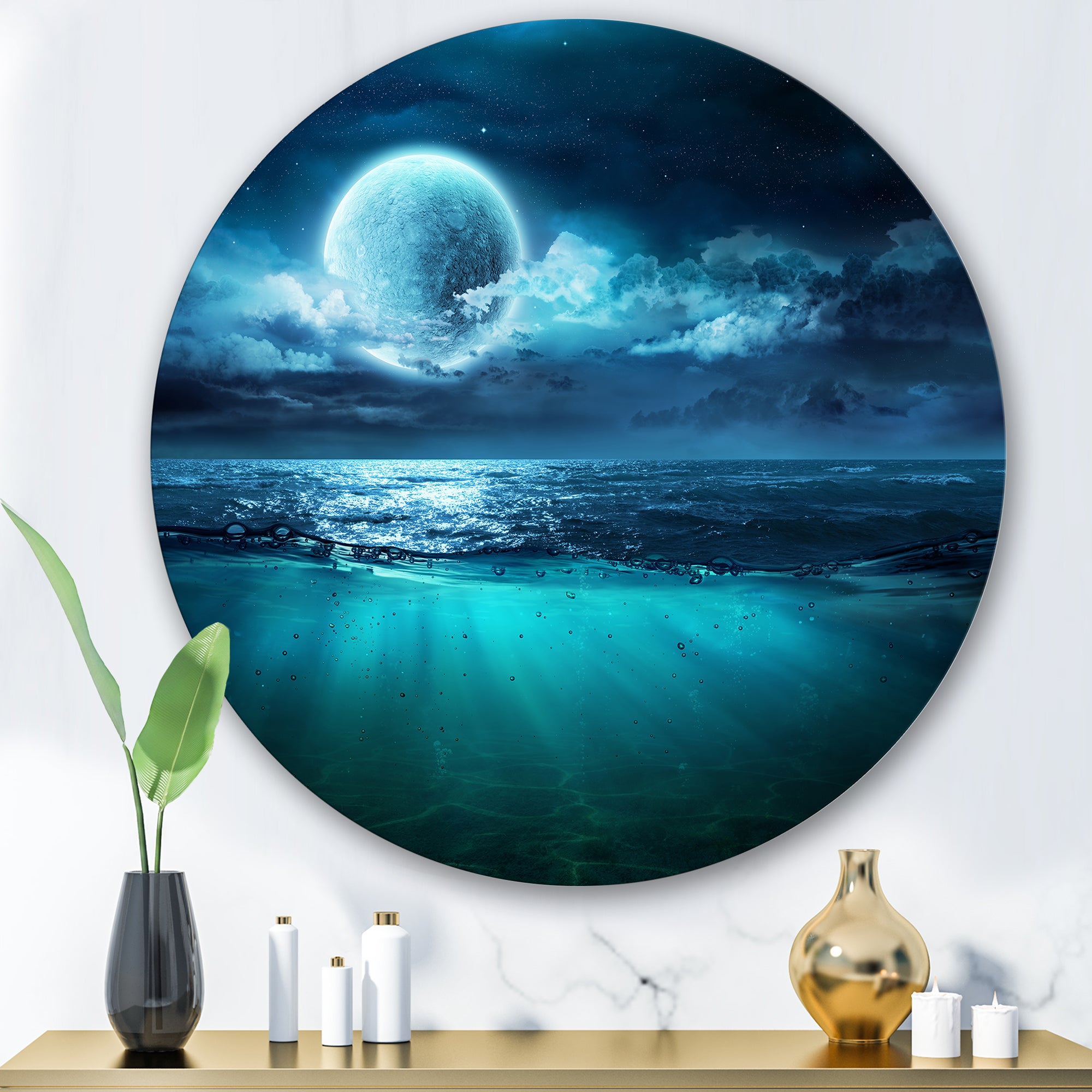 Designart 'Romantic Moon Over Deep Blue Sea II' Nautical & Coastal Metal Circle Wall Art