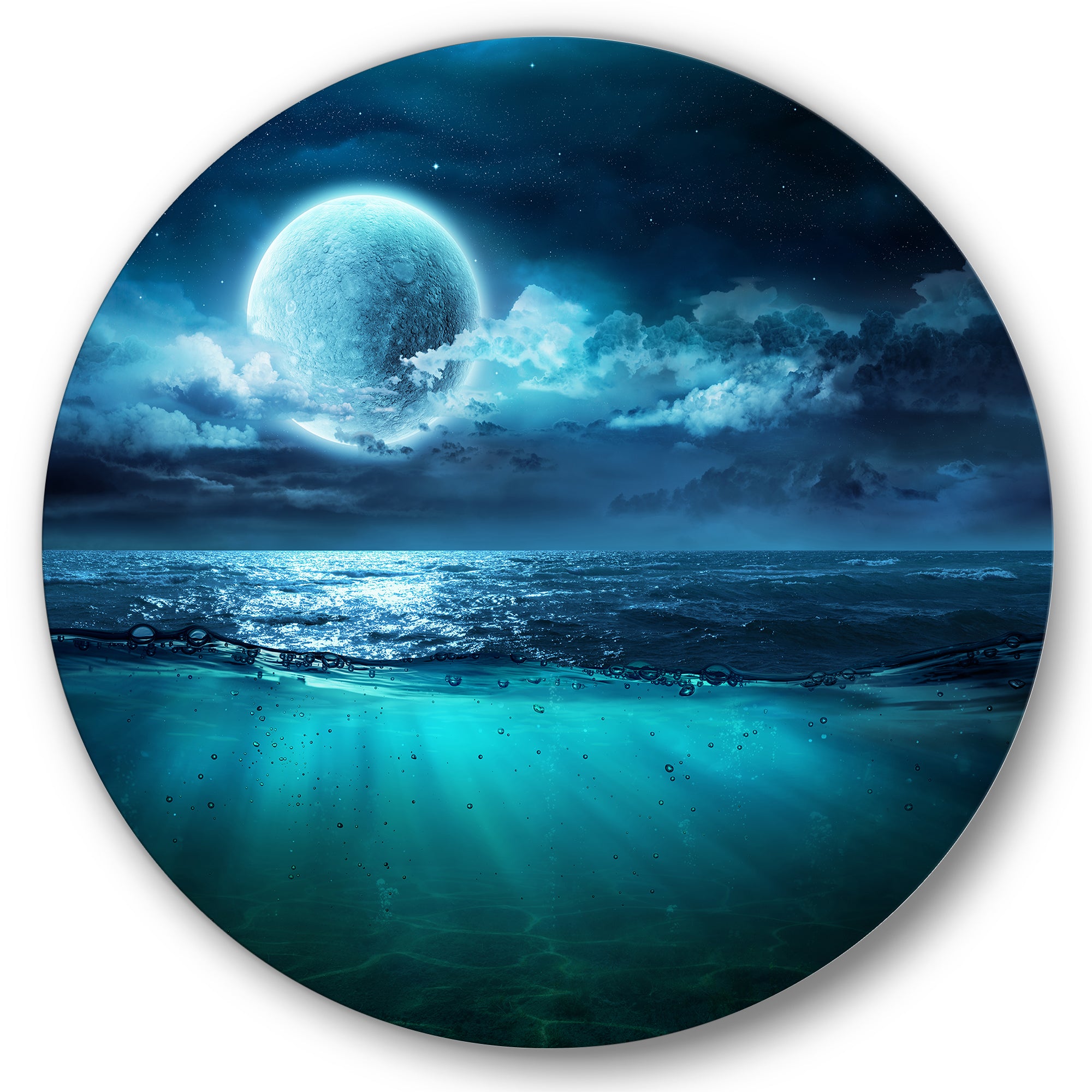 Designart 'Romantic Moon Over Deep Blue Sea II' Nautical & Coastal Metal Circle Wall Art
